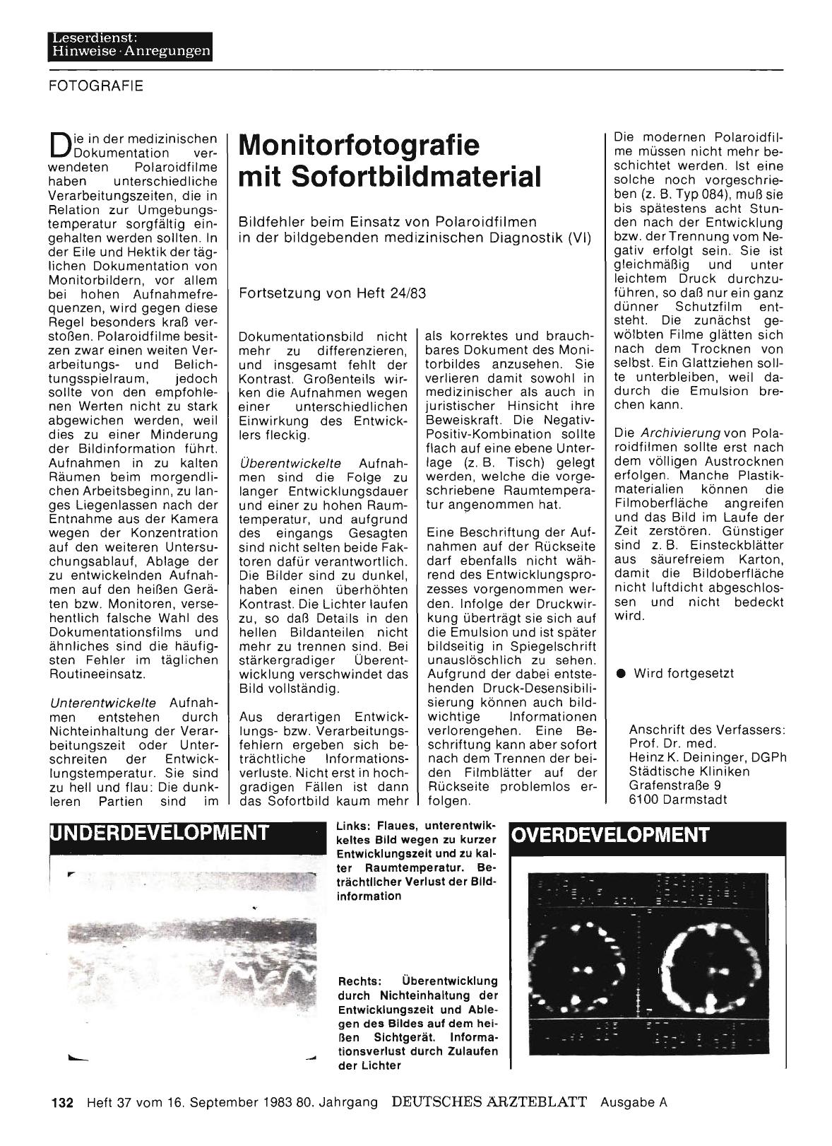 Vorschauseite 1: Monitorfotografie mit Sofortbildmaterial: Bildfehler beim Einsatz von Polaroidfilmen in der bildgebenden medizinischen Diagnostik (VI)
