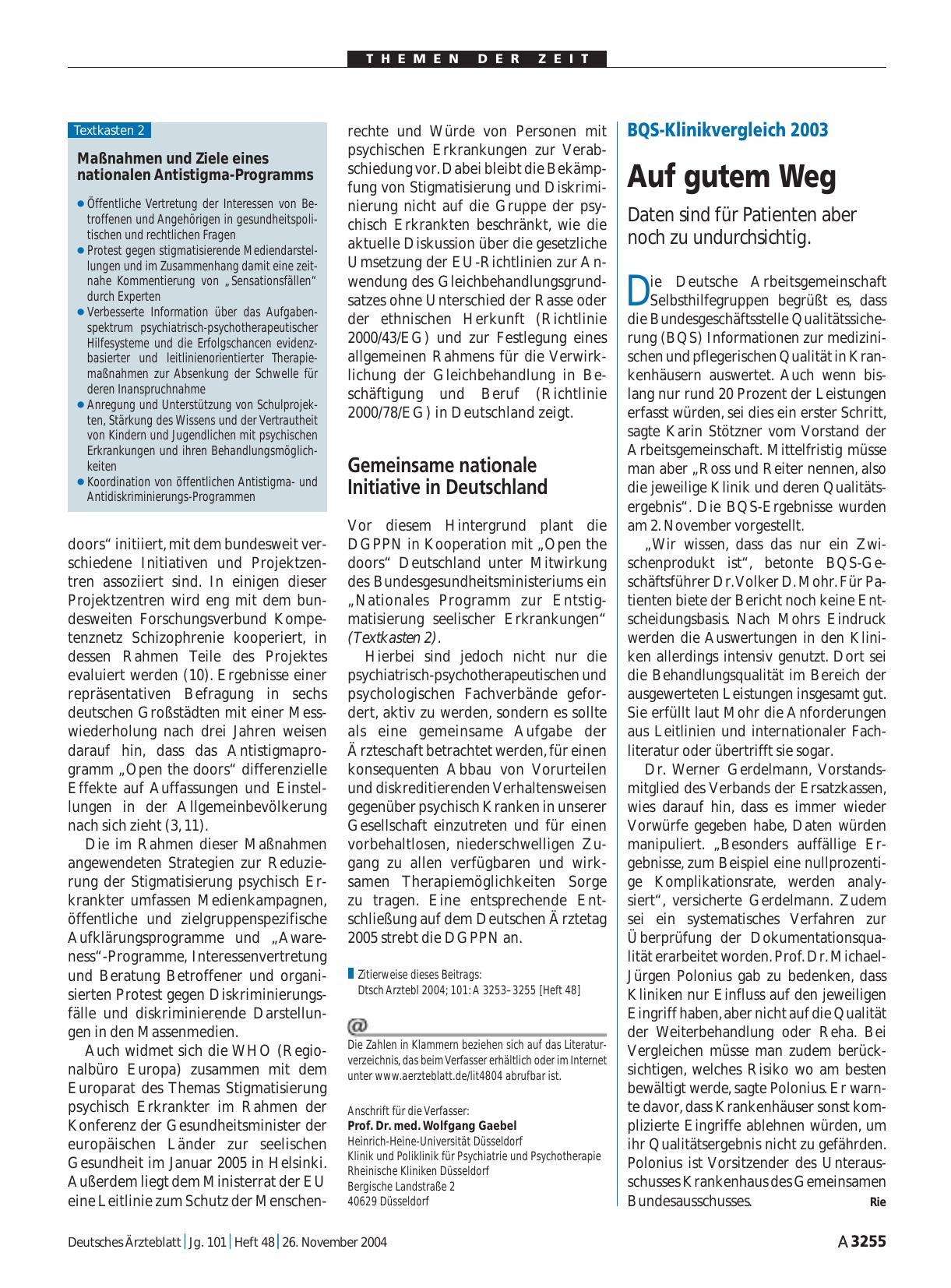Vorschauseite 1: BQS-Klinikvergleich 2003: Auf gutem Weg