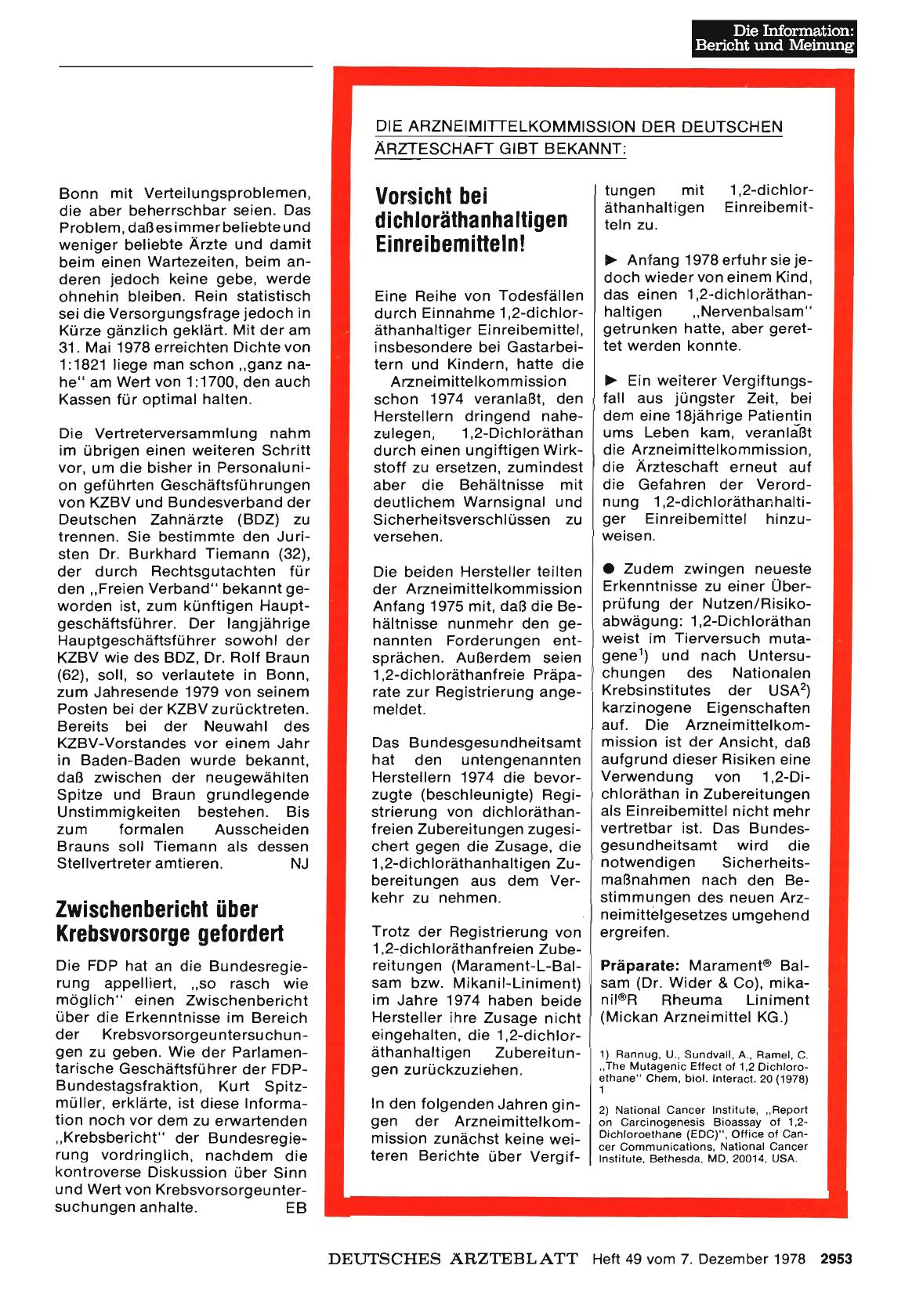 Vorschauseite 1: DIE ARZNEIMITTELKOMMISSION DER DEUTSCHEN ÄRZTESCHAFT GIBT BEKANNT: Vorsicht bei dichloräthanhaltigen EinreibemiHeln!