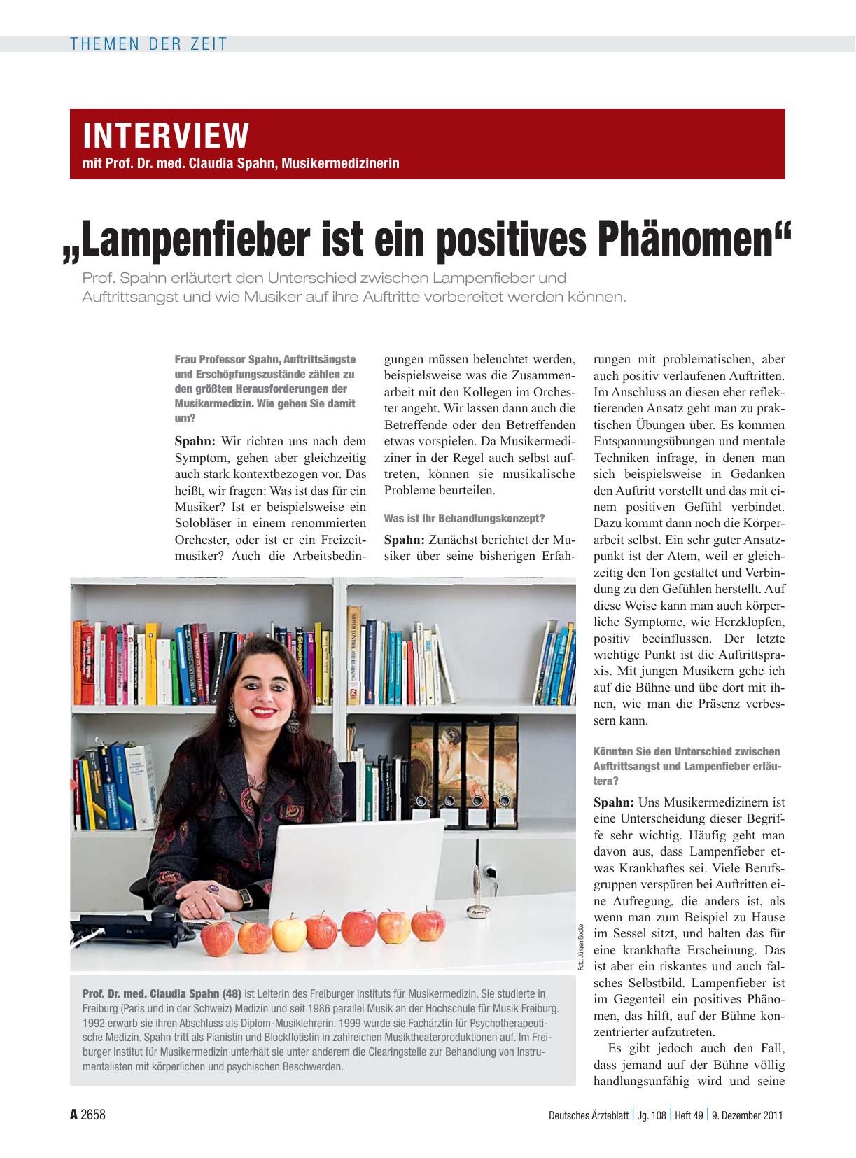 Vorschauseite 1: Interview mit Prof. Dr. med. Claudia Spahn, Musikermedizinerin: „Lampenfieber ist ein positives Phänomen“