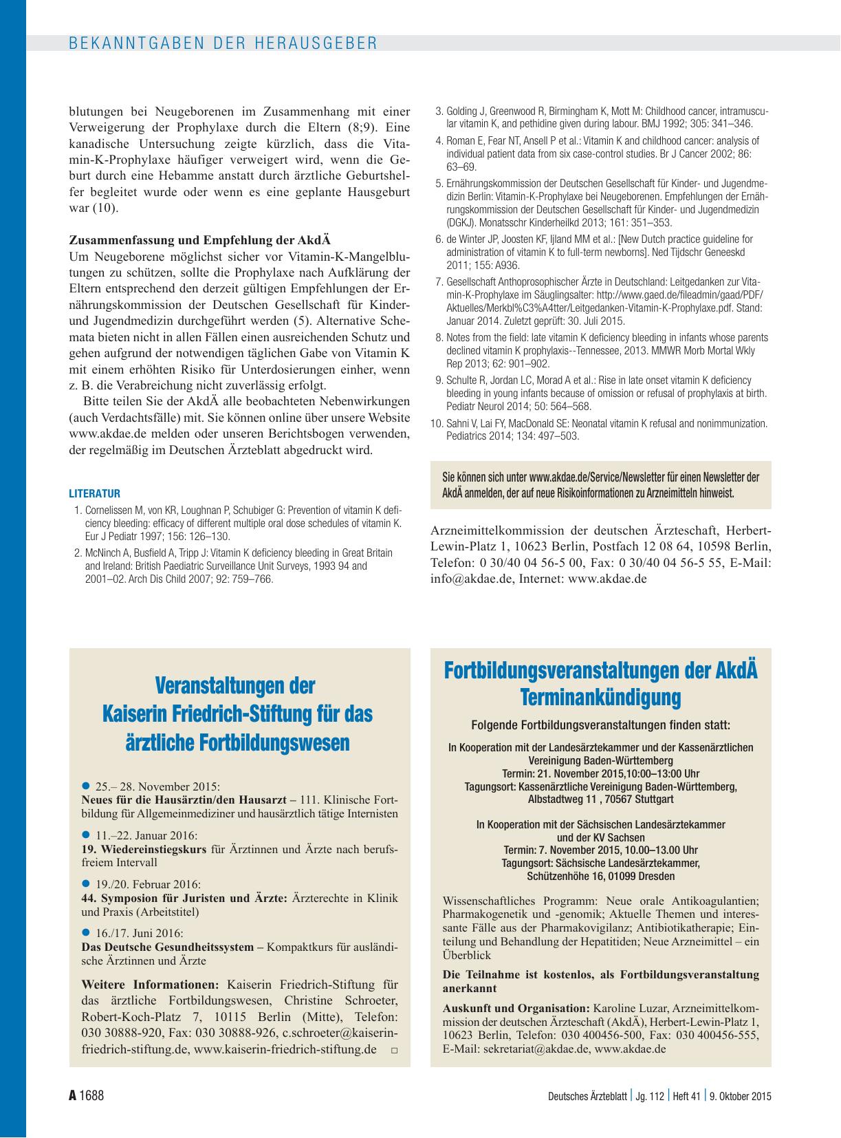 Vorschauseite 1: Veranstaltungen der Kaiserin Friedrich-Stiftung für das ärztliche Fortbildungswesen