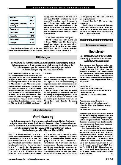 Vorschauseite 1: Vereinbarung der Spitzenverbände der Krankenkassen und der Kassenärztlichen Bundesvereinigung zur Änderung der Richtlinien der Kassenärztlichen Bundesvereinigung und der Spitzenve…