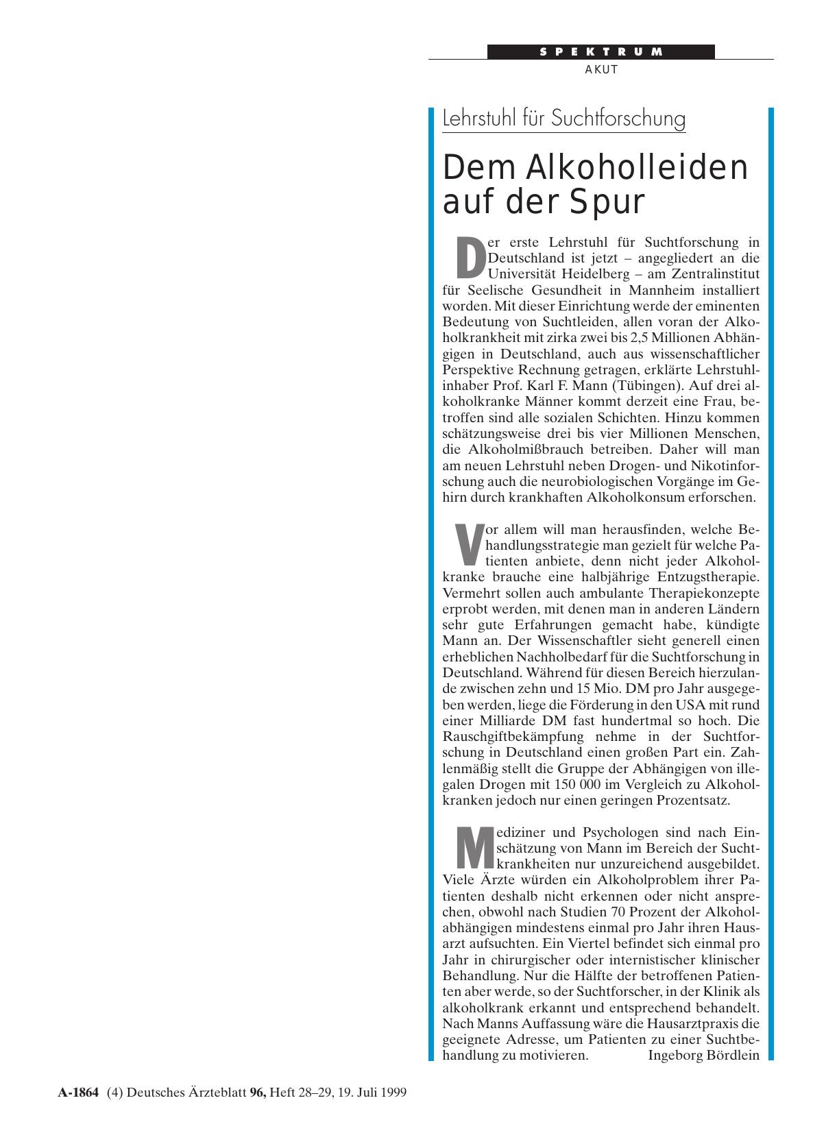 Vorschauseite 1: Lehrstuhl für Suchtforschung: Dem Alkoholleiden auf der Spur