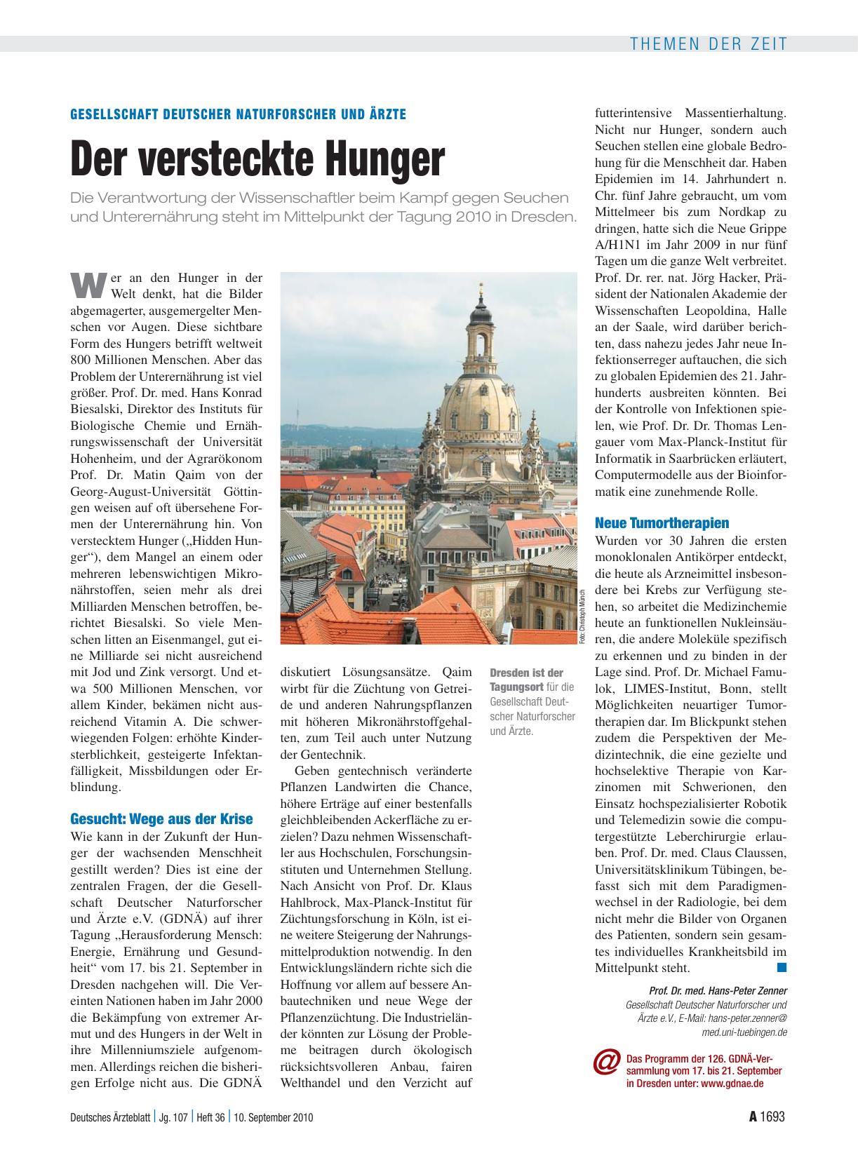 Vorschauseite 1: Gesellschaft Deutscher Naturforscher und Ärzte: Der versteckte Hunger