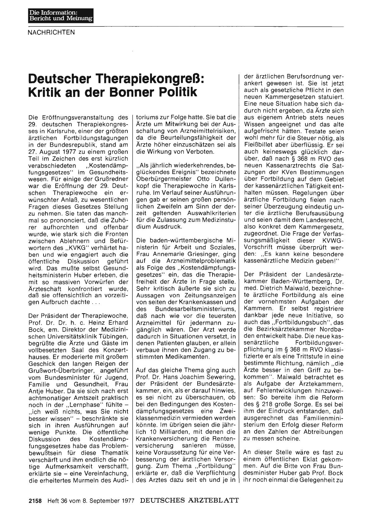 Vorschauseite 1: Deutscher Therapiekongreß: Kritik an der Bonner Politik