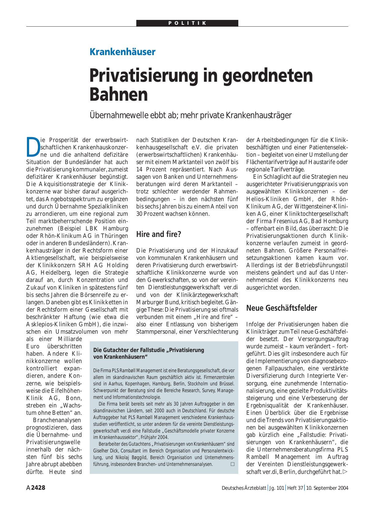 Vorschauseite 1: Krankenhäuser: Privatisierung in geordneten Bahnen