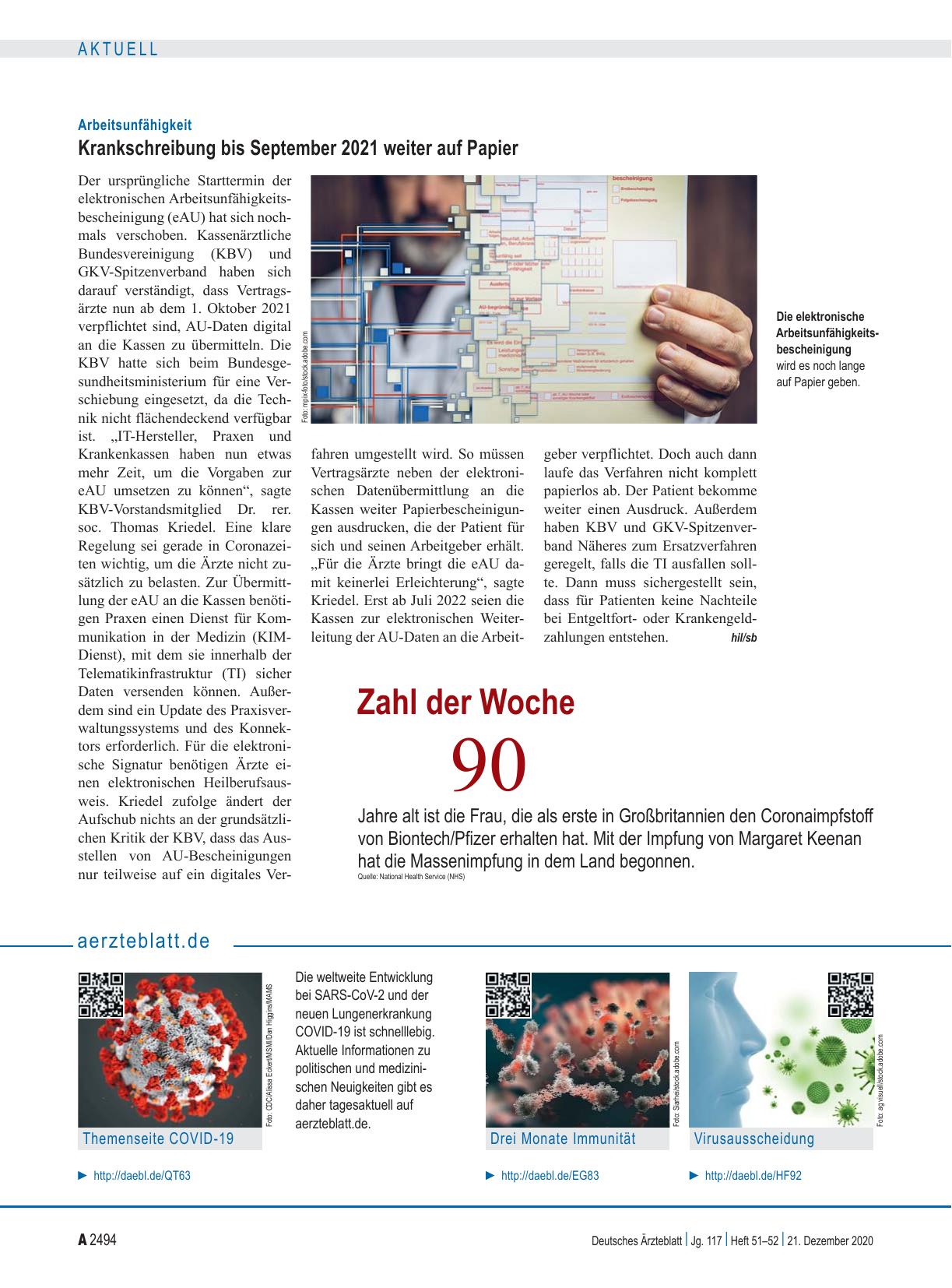 Vorschauseite 1: Arbeitsunfähigkeit: Krankschreibung bis September 2021 weiter auf Papier