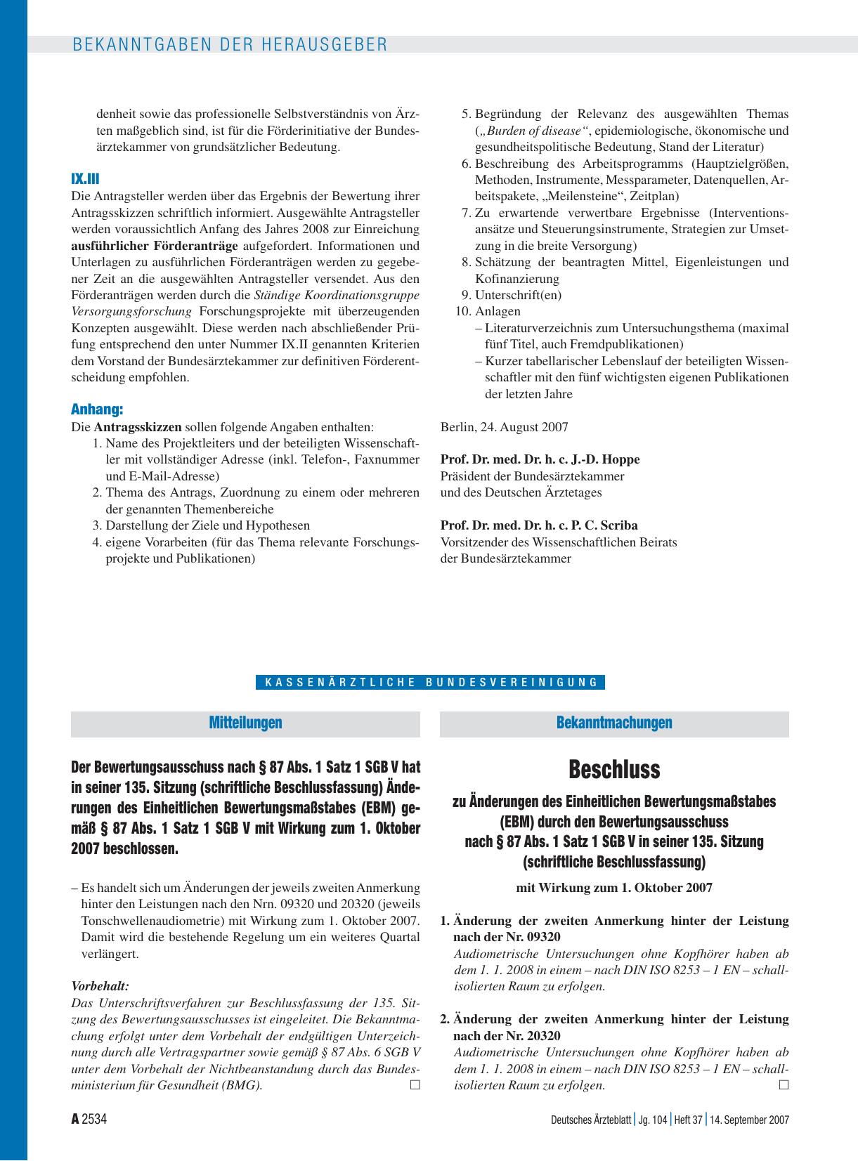 Vorschauseite 1: Bekanntmachungen: Beschluss zu Änderungen des Einheitlichen Bewertungsmaßstabes (EBM) durch den Bewertungsausschuss nach § 87 Abs. 1 Satz 1 SGB V in seiner 135. Sitzung (schriftli…