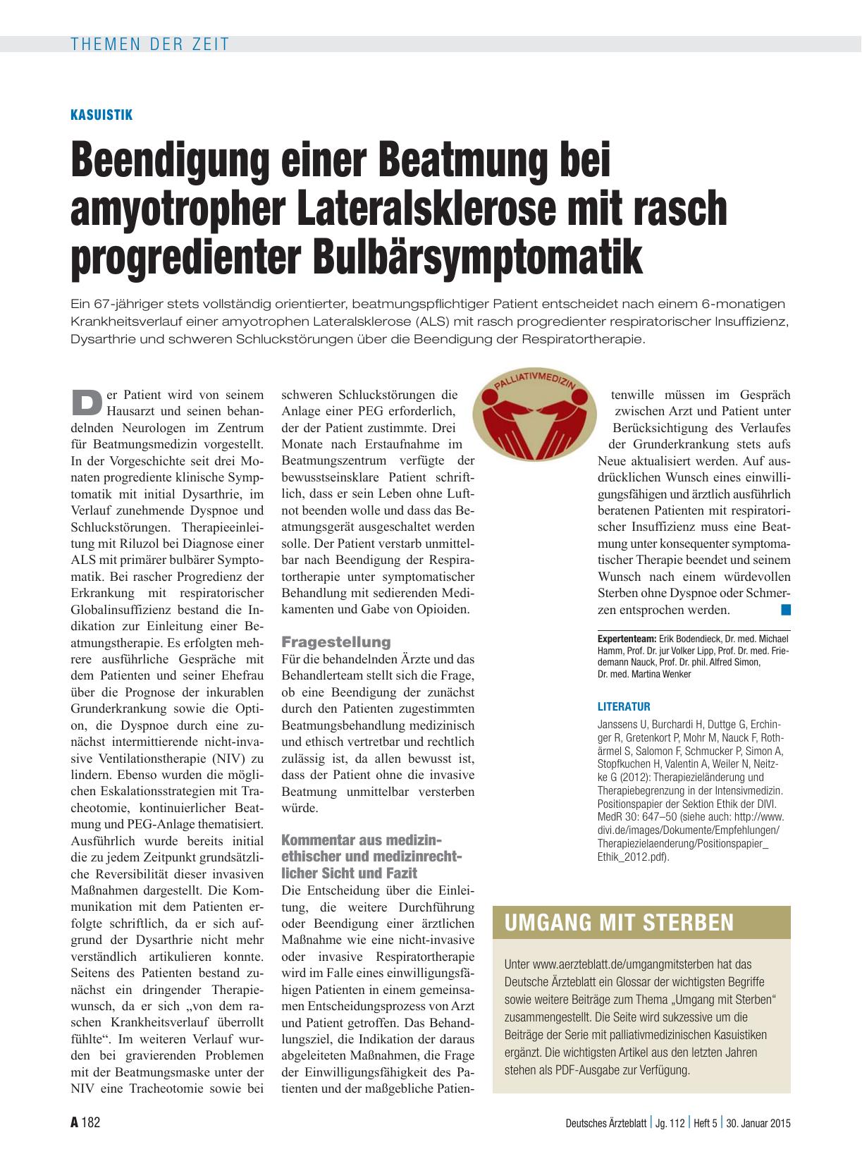 Vorschauseite 1: Kasuistik: Beendigung einer Beatmung bei amyotropher Lateralsklerose mit rasch progredienter Bulbärsymptomatik