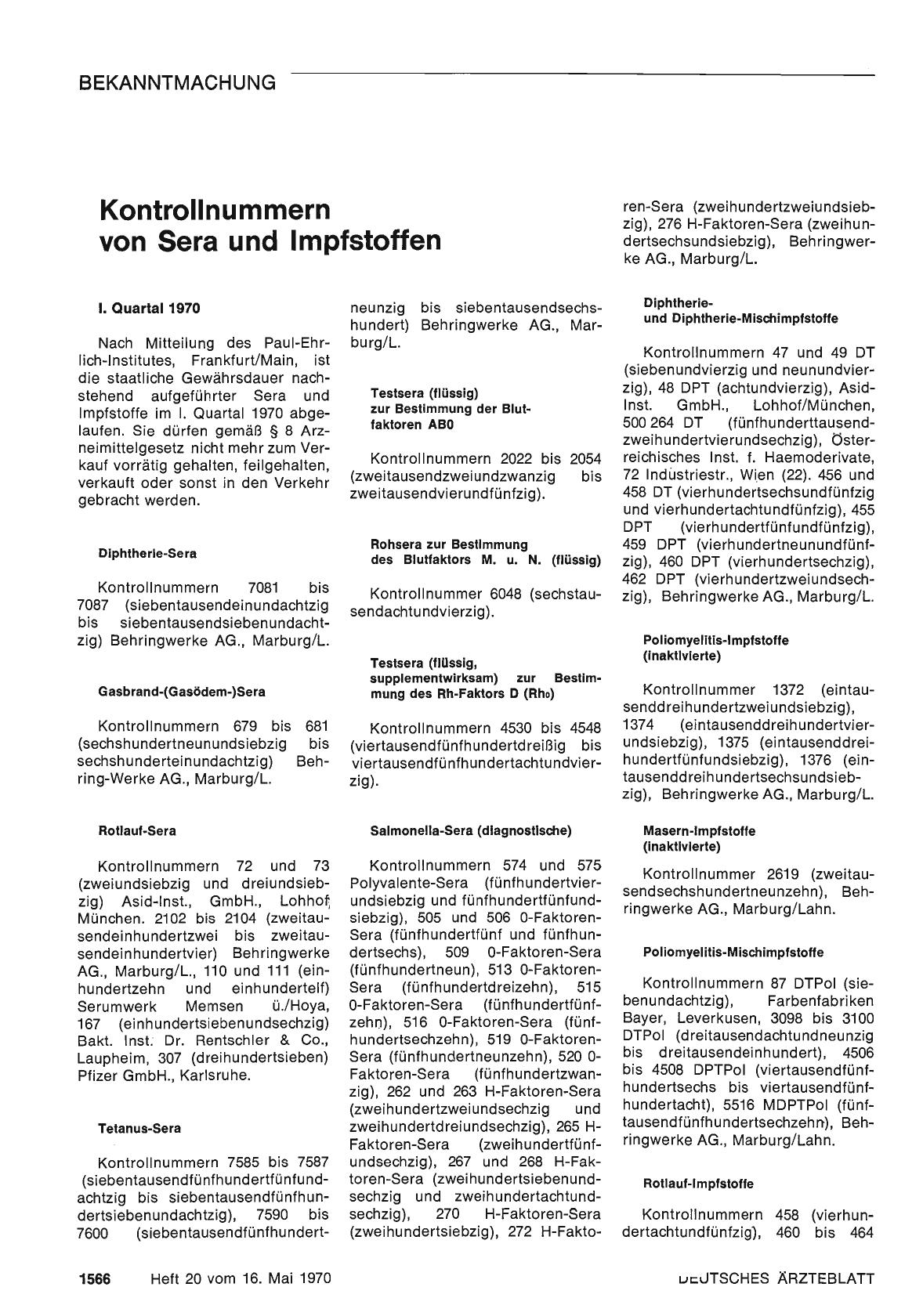 Vorschauseite 1: Kontrollnummern von Sera und Impfstoffen