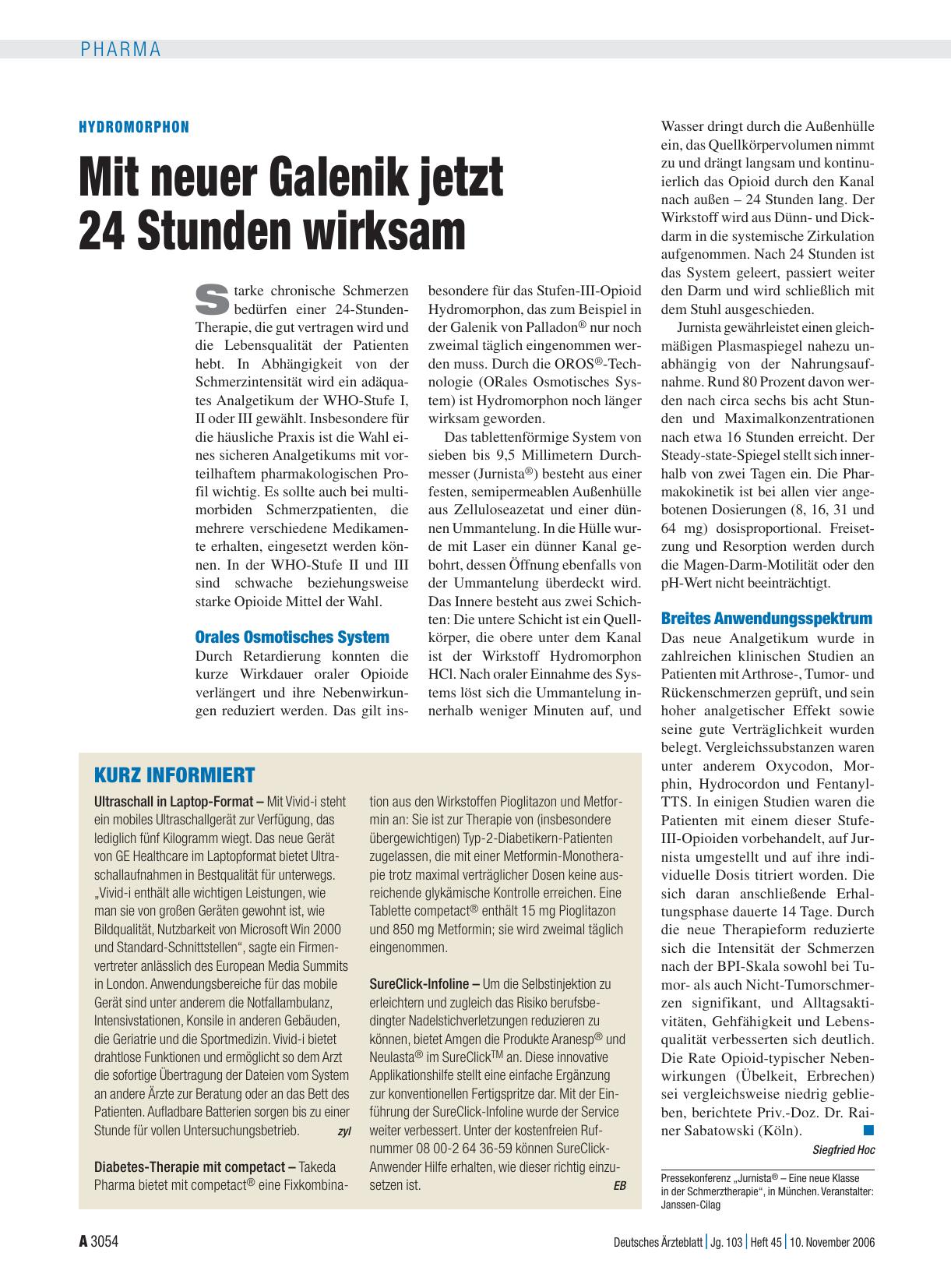 Vorschauseite 1: Hydromorphon: Mit neuer Galenik jetzt 24 Stunden wirksam