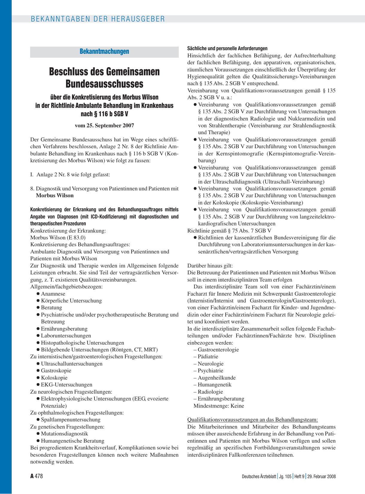 Vorschauseite 1: Bekanntmachungen: Beschluss des Gemeinsamen Bundesausschusses über die Konkretisierung des Morbus Wilson in der Richtlinie Ambulante Behandlung im Krankenhaus nach § 116 b SGB V v…