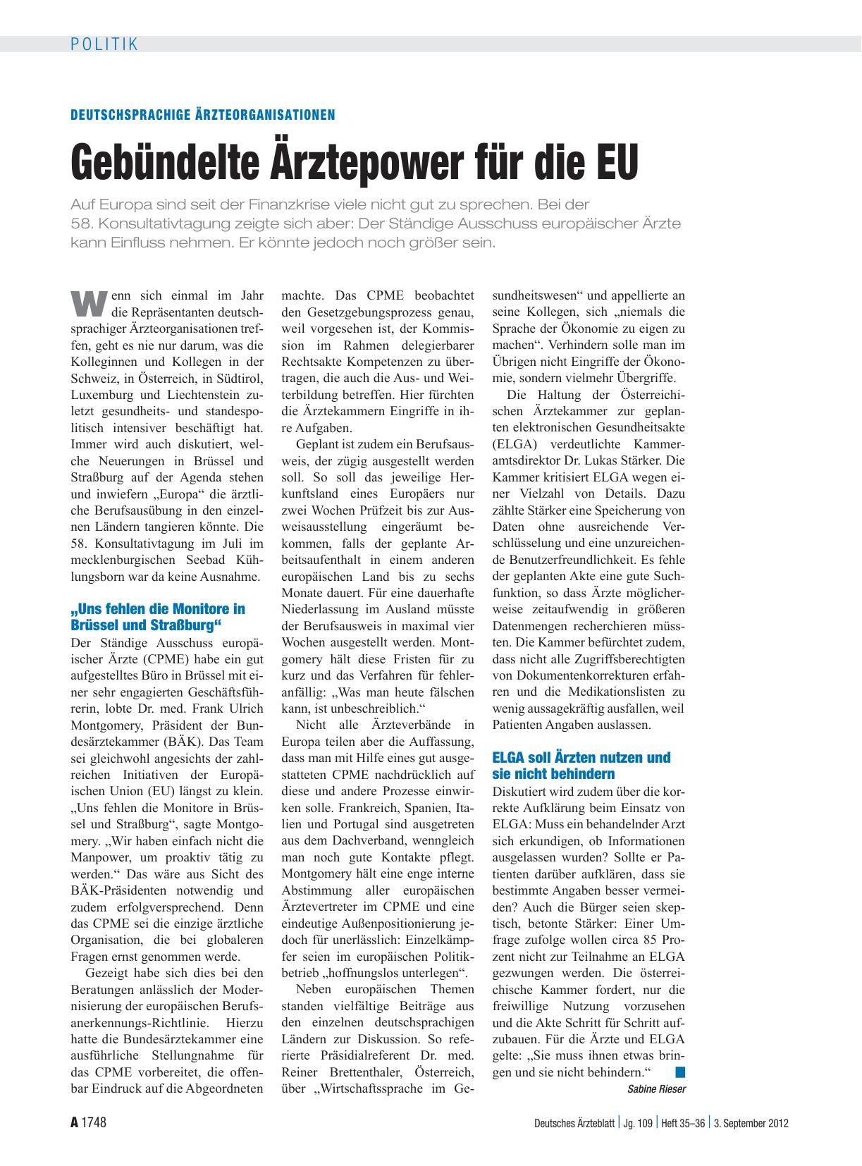 Vorschauseite 1: Deutschsprachige Ärzteorganisationen: Gebündelte Ärztepower für die EU