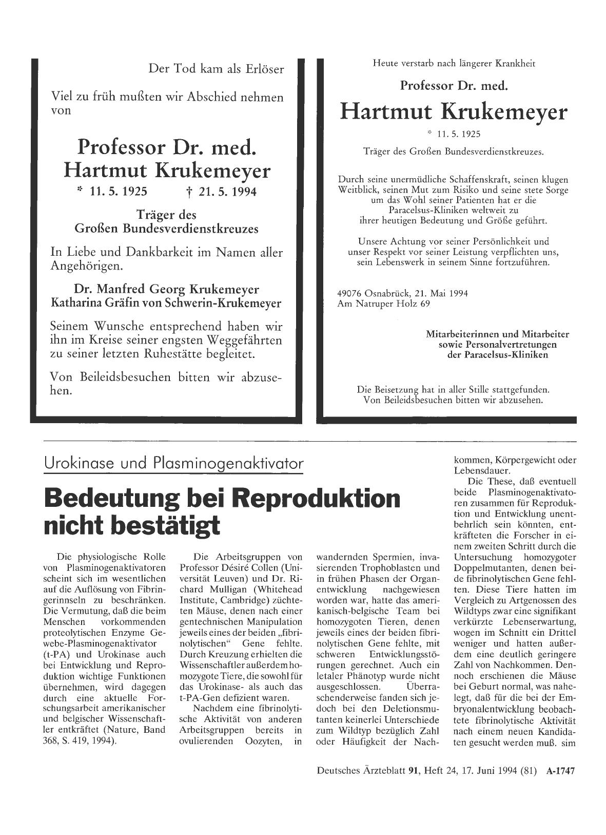 Vorschauseite 1: Urokinase und Plasminogenaktivator: Bedeutung bei Reproduktion nicht bestätigt
