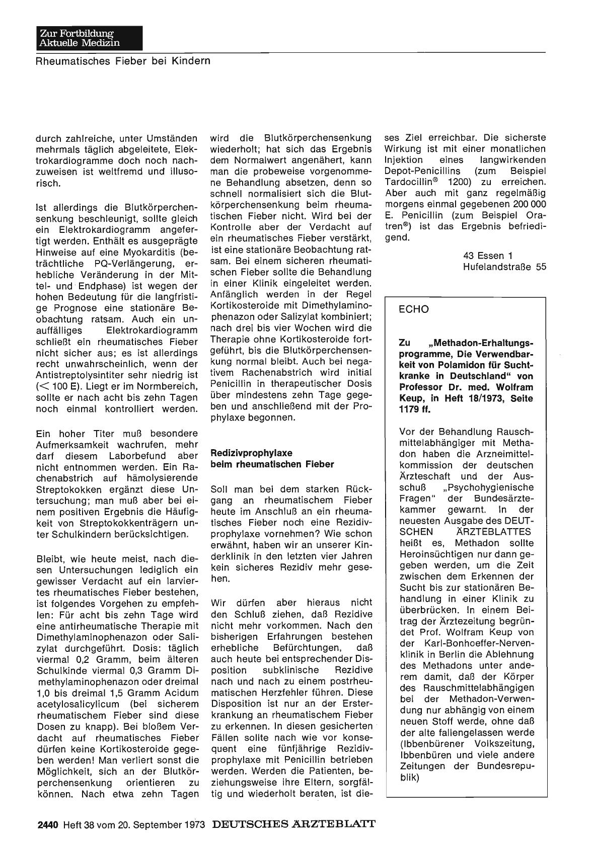Vorschauseite 1: Zu „Methadon-Erhaltungsprogramme, Die Verwendbarkeit von Polamidon für Suchtkranke in Deutschland" von Professor Dr. med. Wolfram Keup, in Heft 18/1973, Seite 1179 ff.