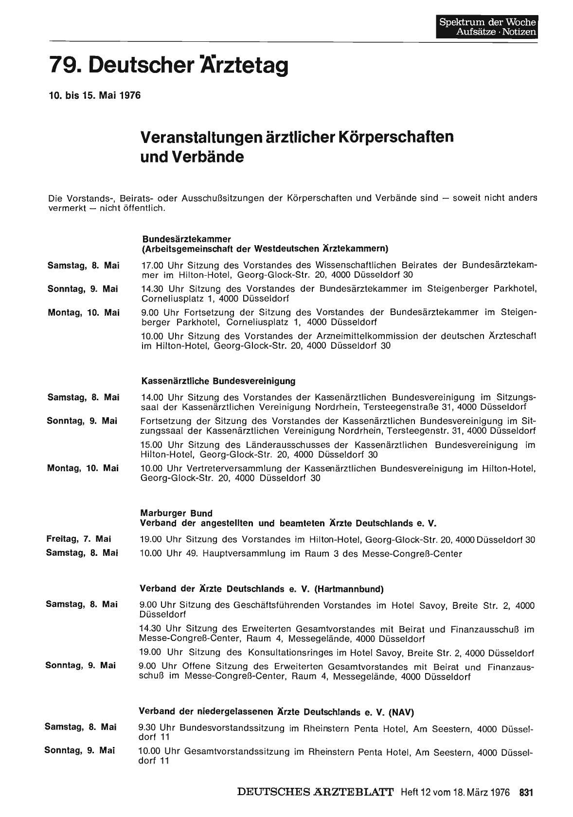 Vorschauseite 1: 79. Deutscher Ärztetag 10. bis 15. Mai 1976: Veranstaltungen ärztlicher Körperschaften und Verbände