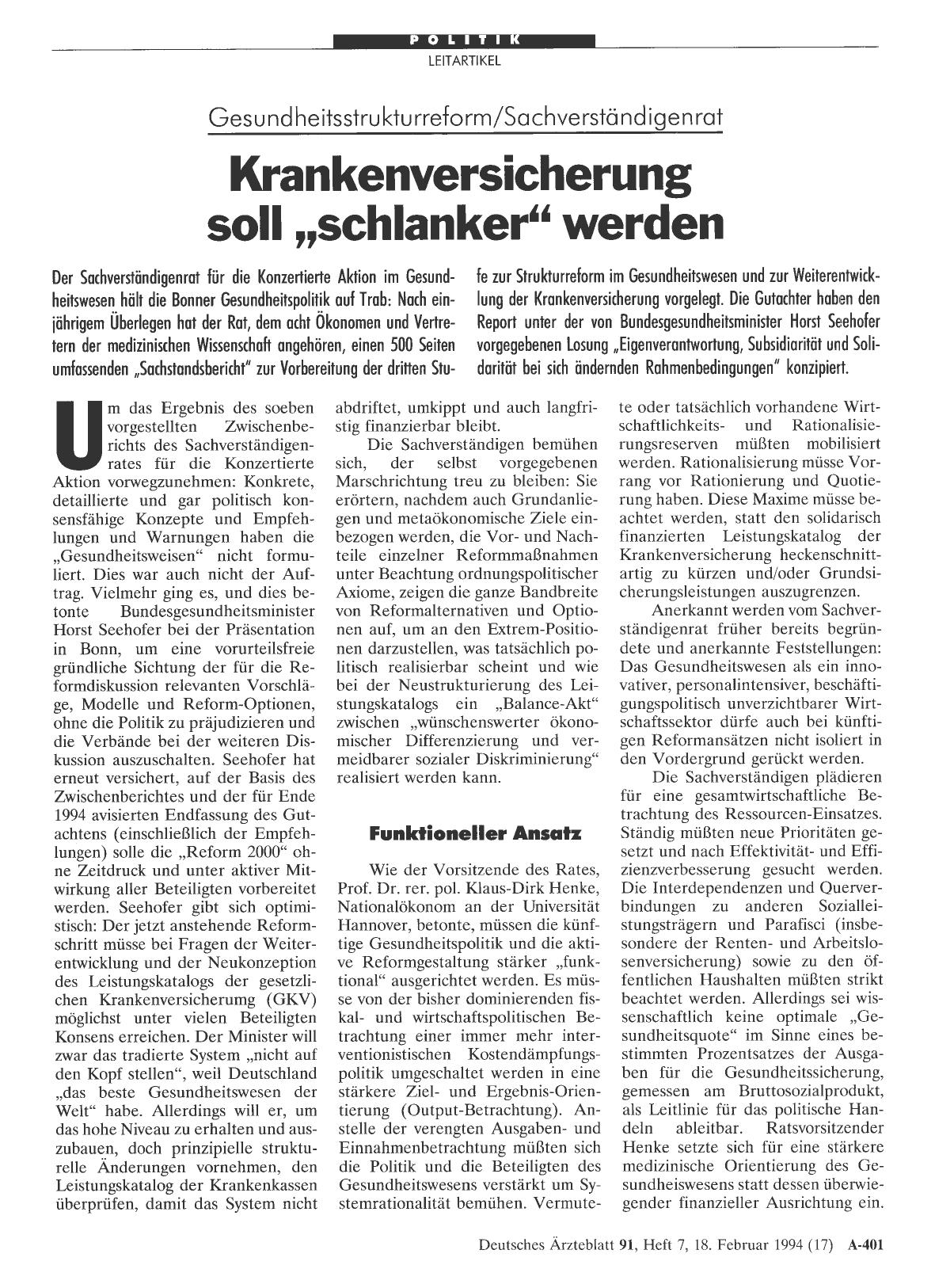 Vorschauseite 1: Gesundheitsstrukturreform/ Sachverständigenrat: Krankenversicherung soll „schlanker“ werden