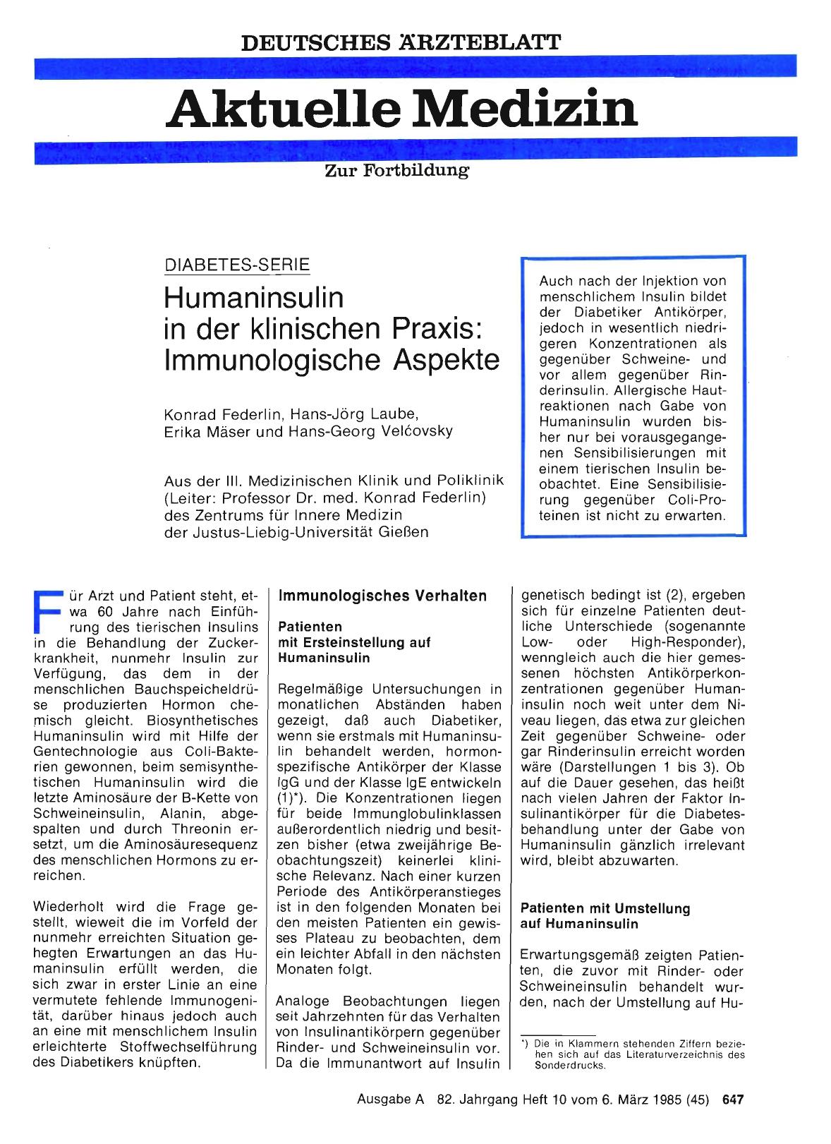 Vorschauseite 1: DIABETES-SERIE: Humaninsulin in der klinischen Praxis: Immunologische Aspekte