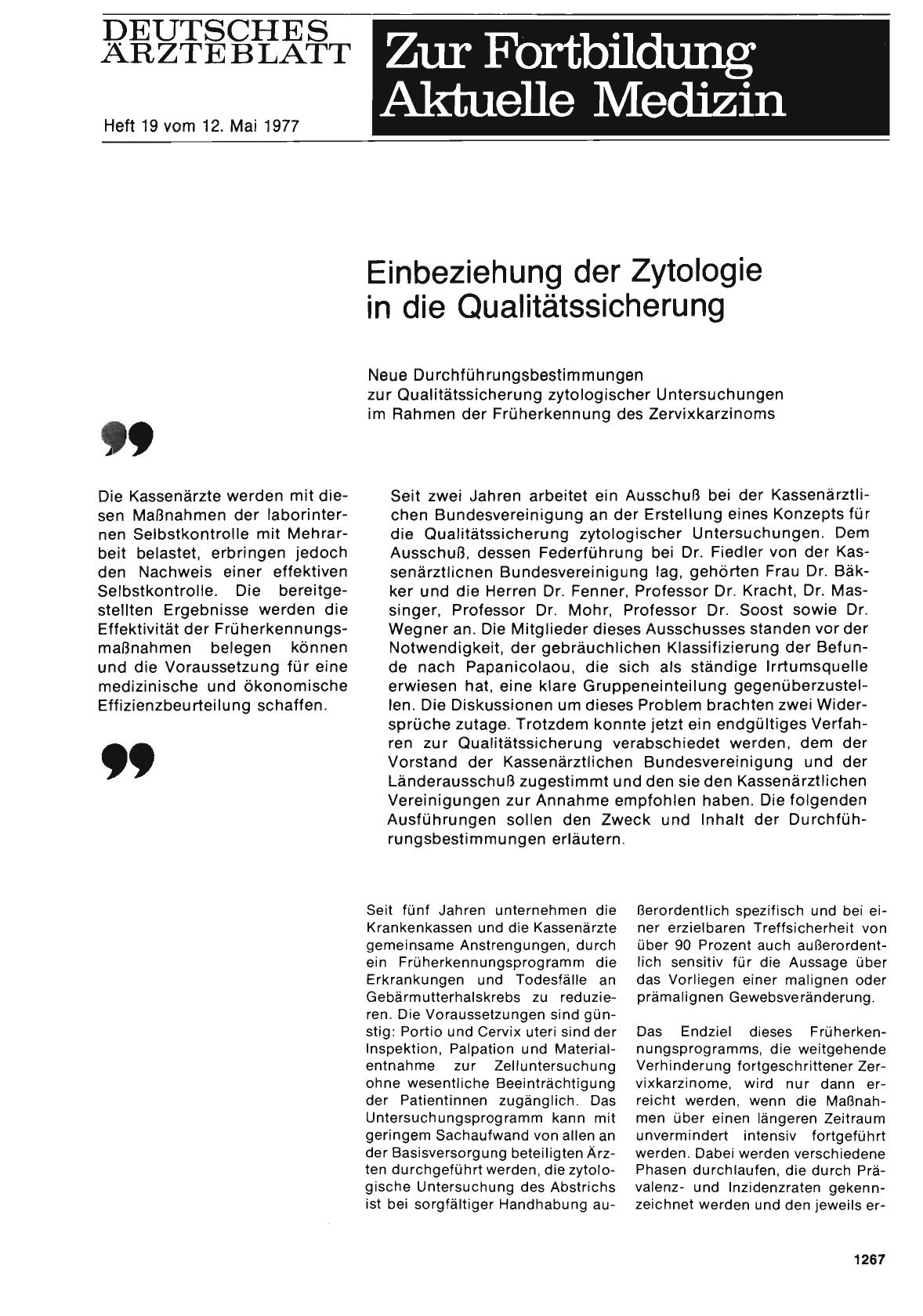 Vorschauseite 1: Einbeziehung der Zytologie in die Qualitätssicherung: Neue Durchführungsbestimmungen zur Qualitätssicherung zytologischer Untersuchungen im Rahmen der Früherkennung des Zervixkarz…