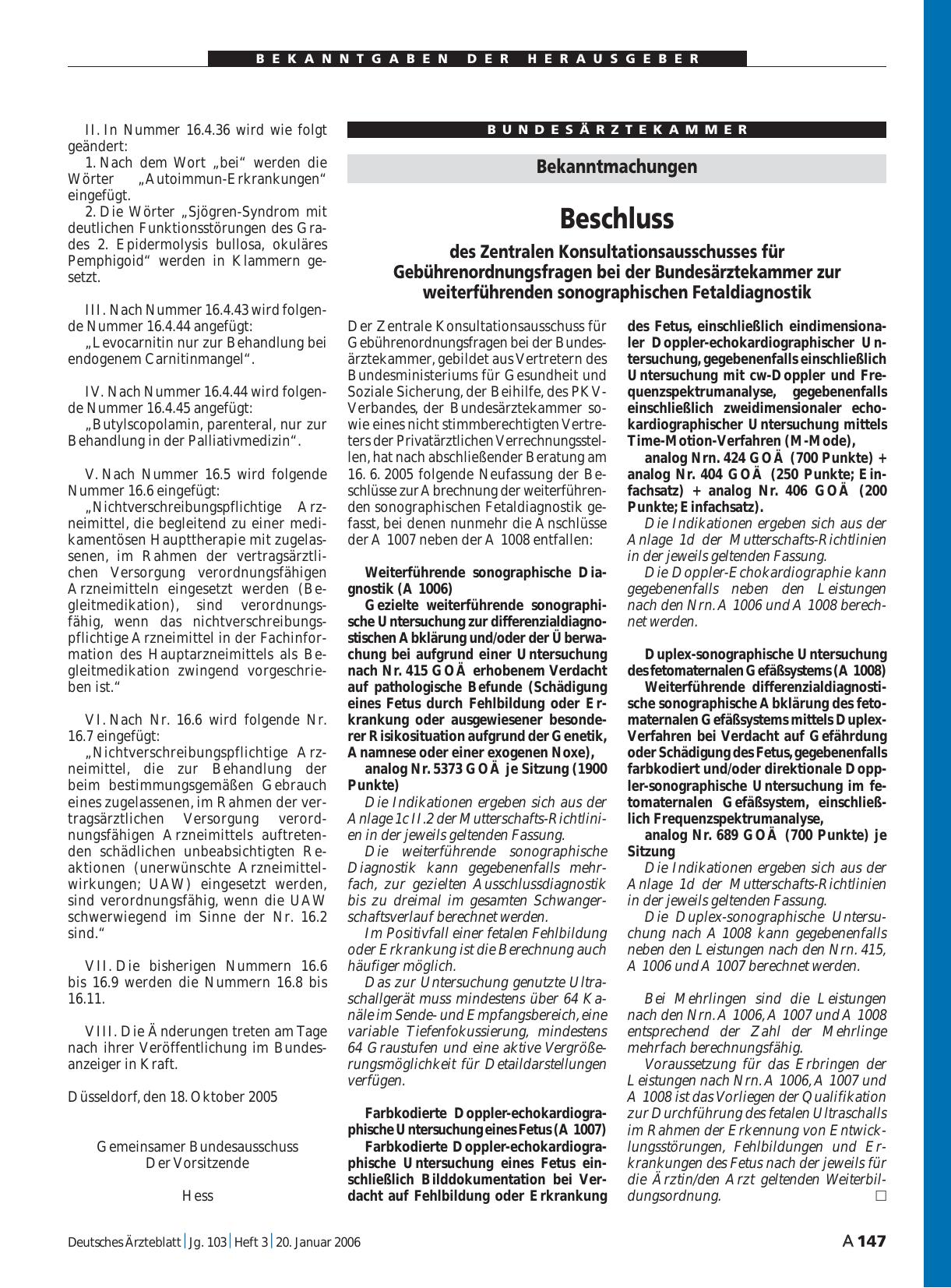 Vorschauseite 1: Bekanntmachungen: Beschluss des Zentralen Konsultationsausschusses für Gebührenordnungsfragen bei der Bundesärztekammer zur weiterführenden sonographischen Fetaldiagnostik