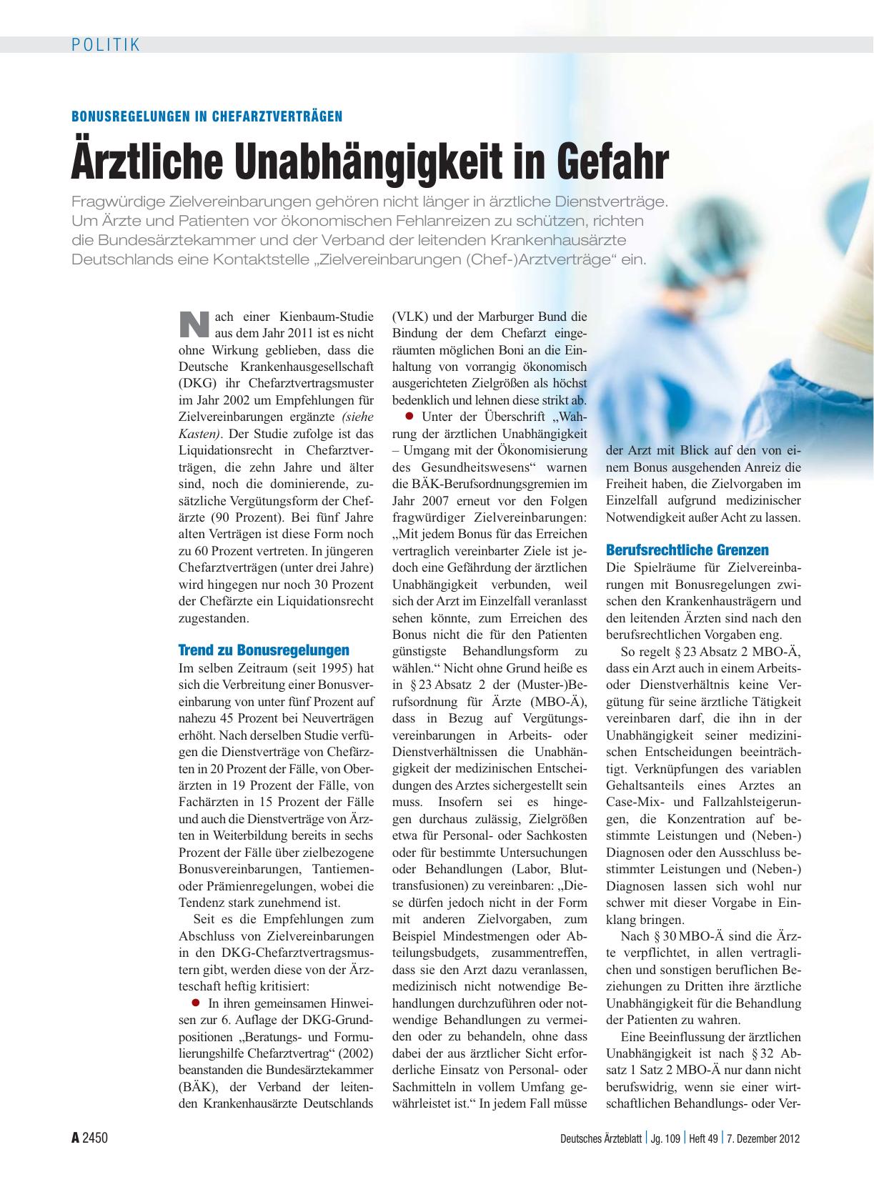 Vorschauseite 1: Bonusregelungen in Chefarztverträgen: Ärztliche Unabhängigkeit in Gefahr