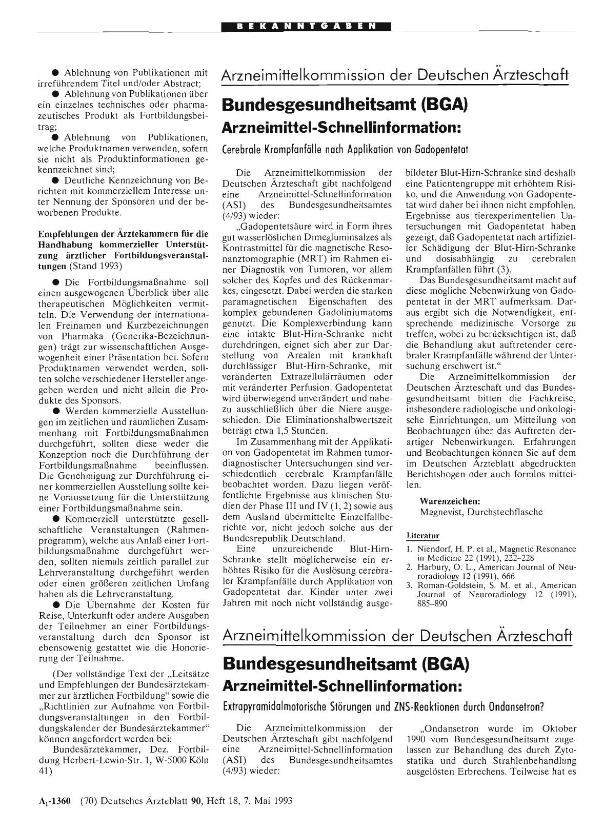 Vorschauseite 1: Bundesgesundheitsamt (BGA): Arzneimittel-Schnellinformation: Extrapyramidalmotorische Störungen und MS-Reaktionen durch Ondansetron?