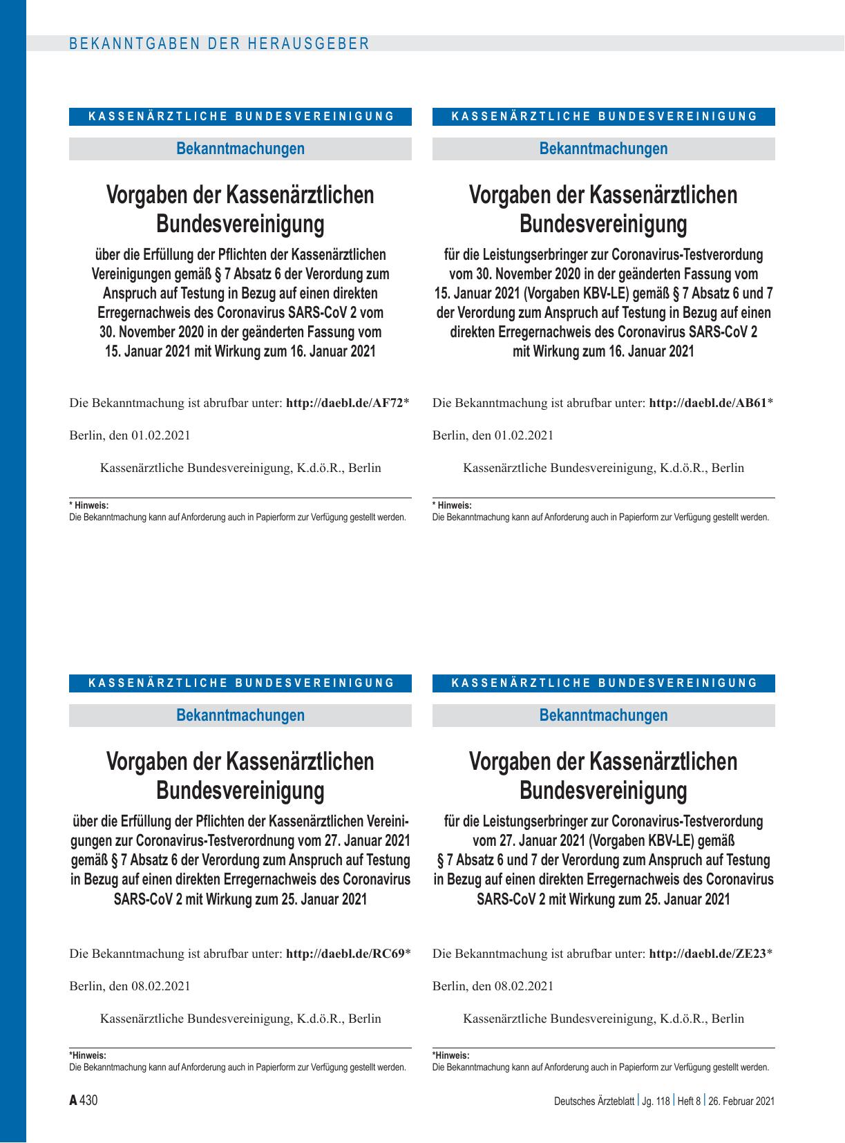 Vorschauseite 1: Vorgaben der Kassenärztlichen Bundesvereinigung über die Erfüllung der Pflichten der Kassenärztlichen Vereinigungen zur Coronavirus-Testverordnung vom 27. Januar 2021 gemäß § 7 Ab…