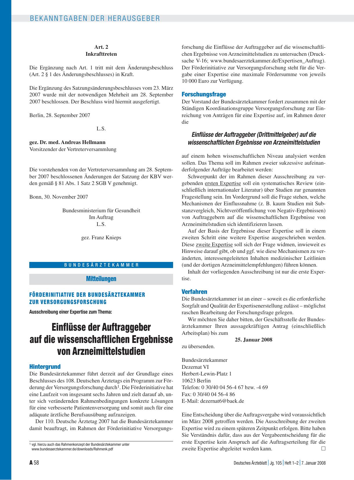 Vorschauseite 1: Mitteilungen: Förderinitiative der Bundesärztekammer zur Versorgungsforschung – Ausschreibung einer Expertise zum Thema: Einflüsse der Auftraggeber auf die wissenschaftlichen Erge…