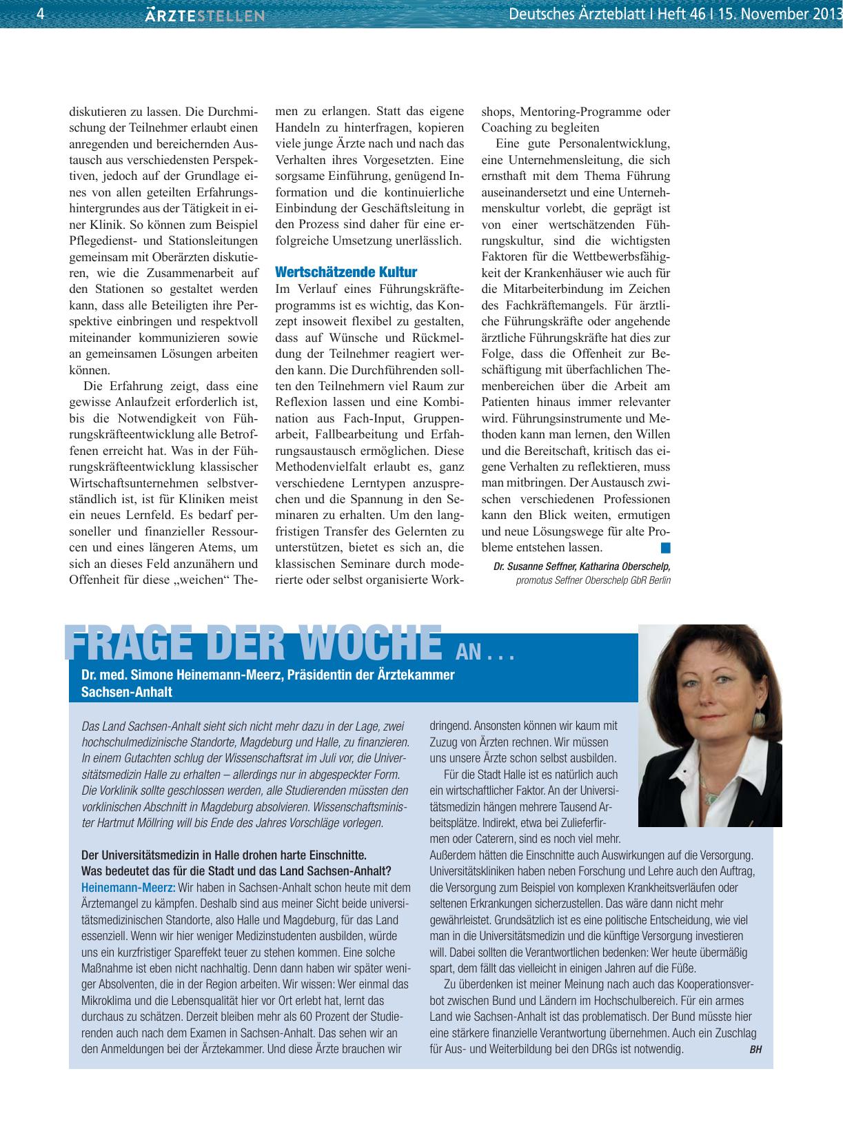 Vorschauseite 1: Frage der Woche an. .. Dr. med. Simone Heinemann-Meerz, Präsidentin der Ärztekammer Sachsen-Anhalt