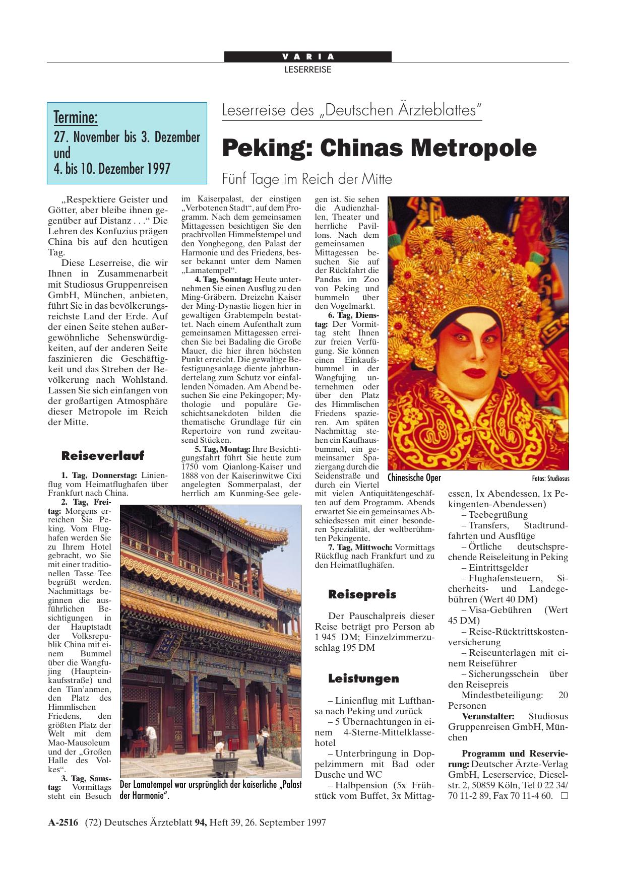 Vorschauseite 1: Leserreise des „Deutschen Ärzteblattes“: Peking – Chinas Metropole Fünf Tage im Reich der Mitte