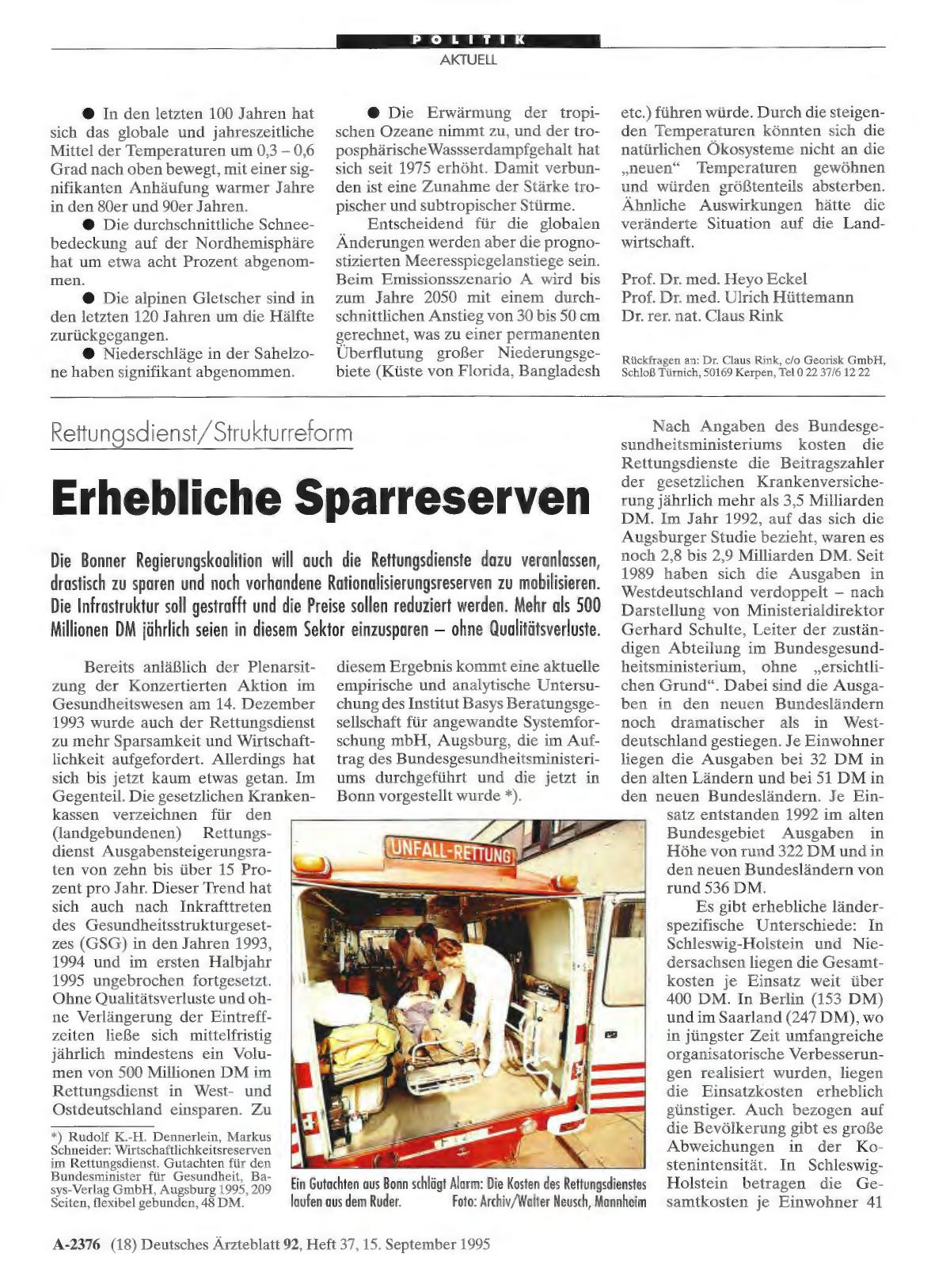 Vorschauseite 1: Rettungsdienst/Strukturreform: Erhebliche Sparreserven
