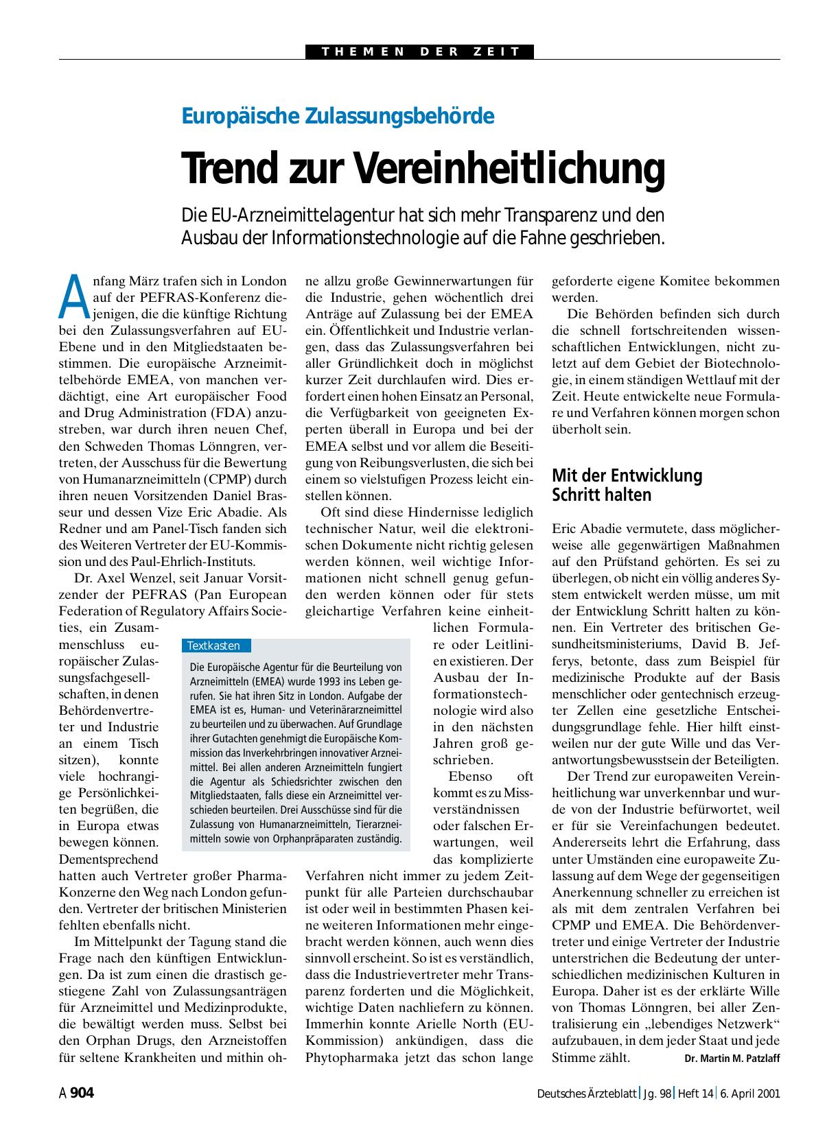 Vorschauseite 1: Europäische Zulassungsbehörde: Trend zur Vereinheitlichung