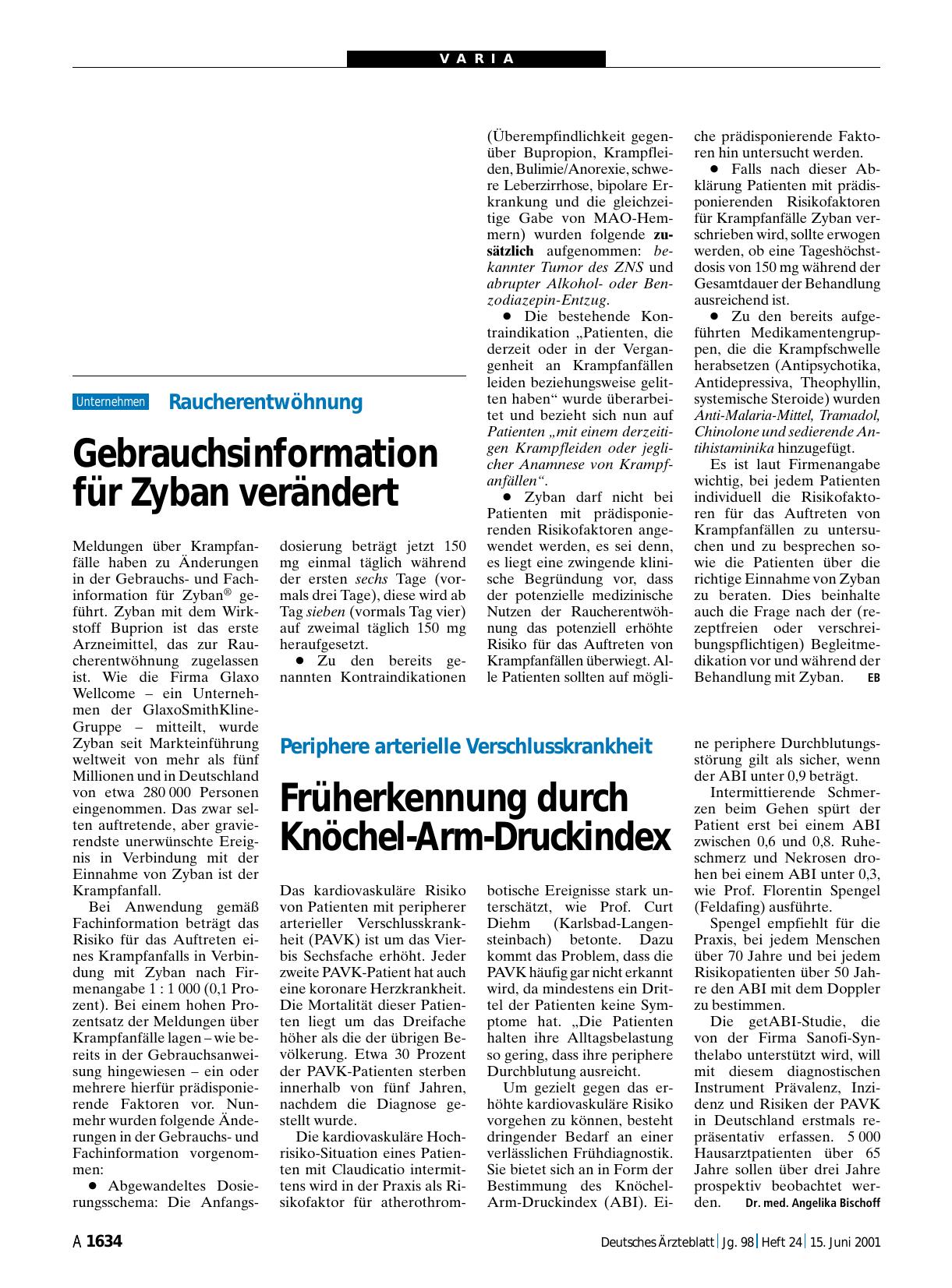 Vorschauseite 1: Raucherentwöhnung: Gebrauchsinformation für Zyban verändert