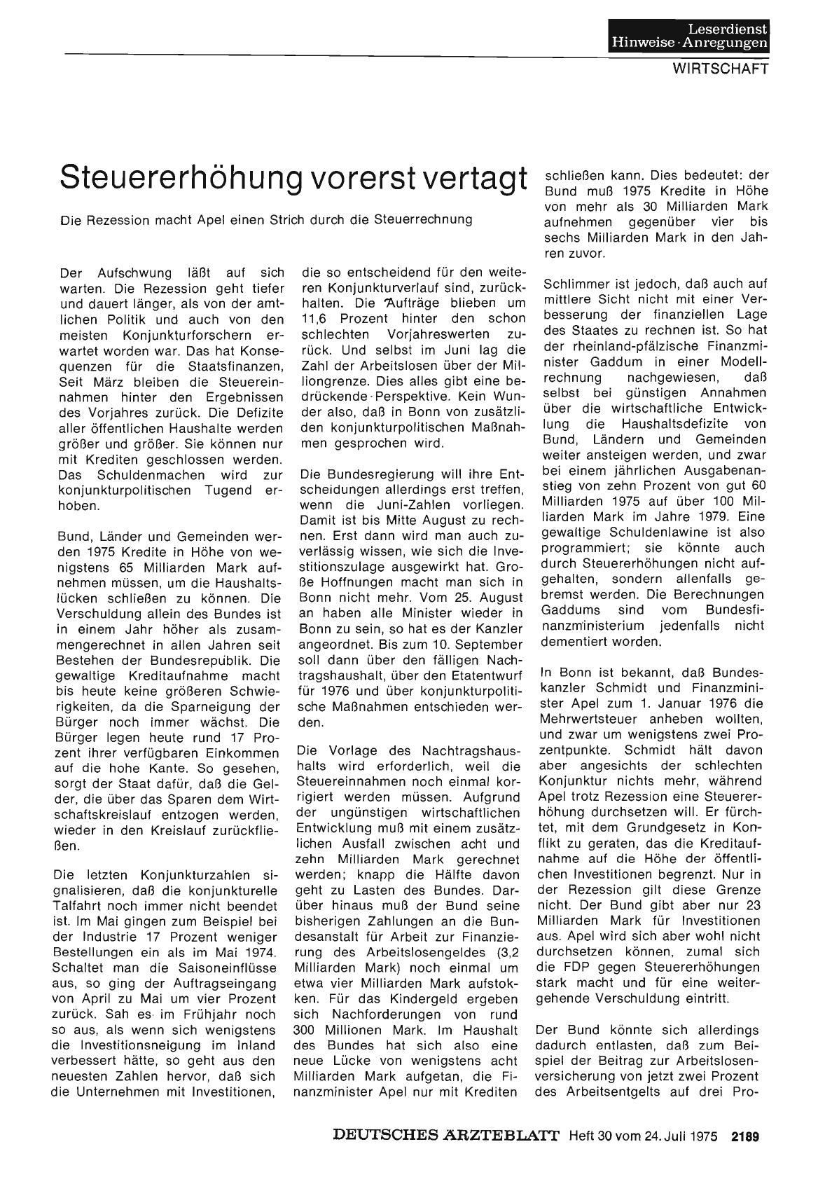 Vorschauseite 1: Steuererhöhung vorerst vertagt: Die Rezession macht Apel einen Strich durch die Steuerrechnung