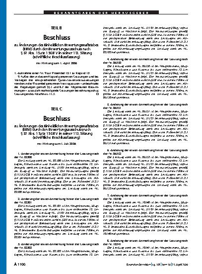 Vorschauseite 1: Bekanntmachungen: TEIL B – Beschluss zu Änderungen des Einheitlichen Bewertungsmaßstabes (EBM) durch den Bewertungsausschuss nach § 87 Abs. 1 Satz 1 SGB V in seiner 113. Sitzung (…