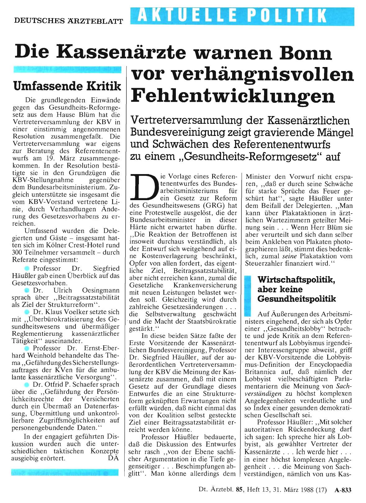 Vorschauseite 1: Die Kassenärzte warnen Bonn vor verhängnisvollen Fehlentwicklungen