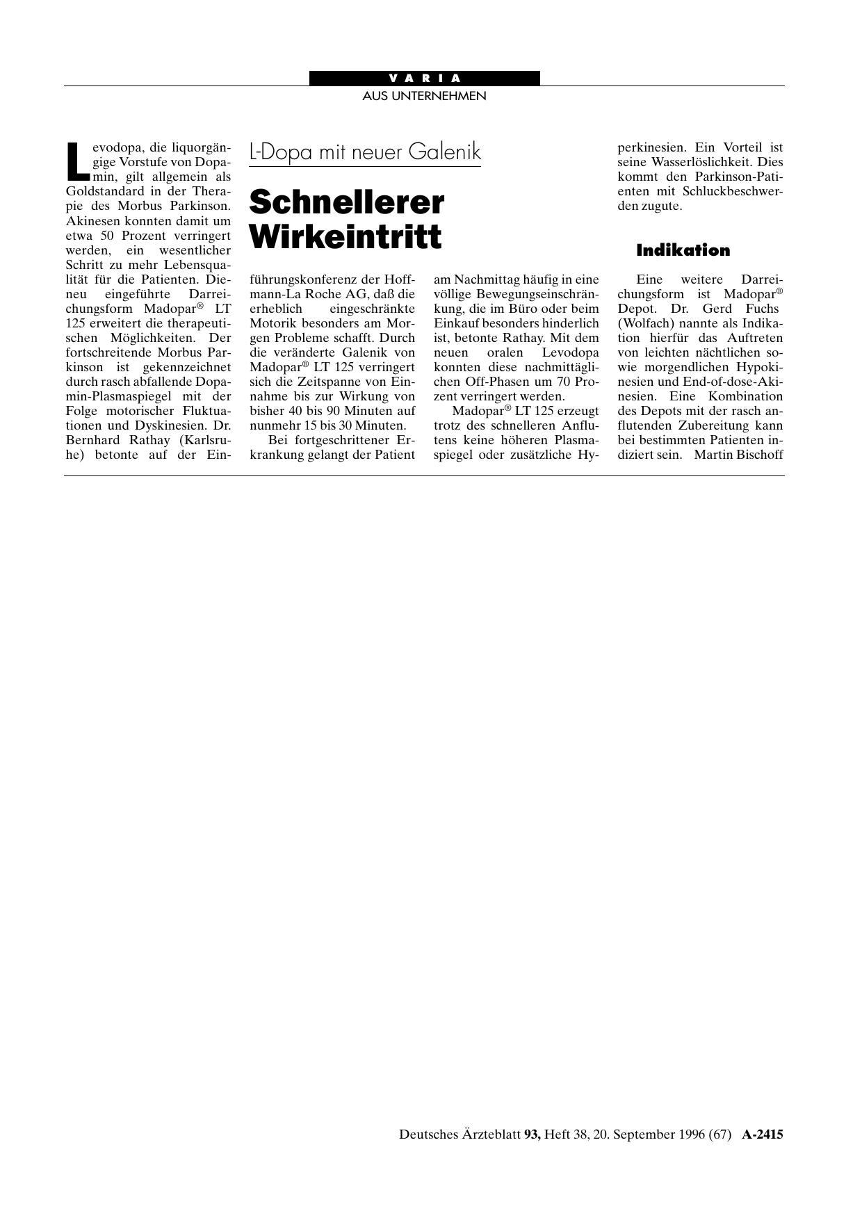 Vorschauseite 1: L-Dopa mit neuer Galenik: Schnellerer Wirkeintritt