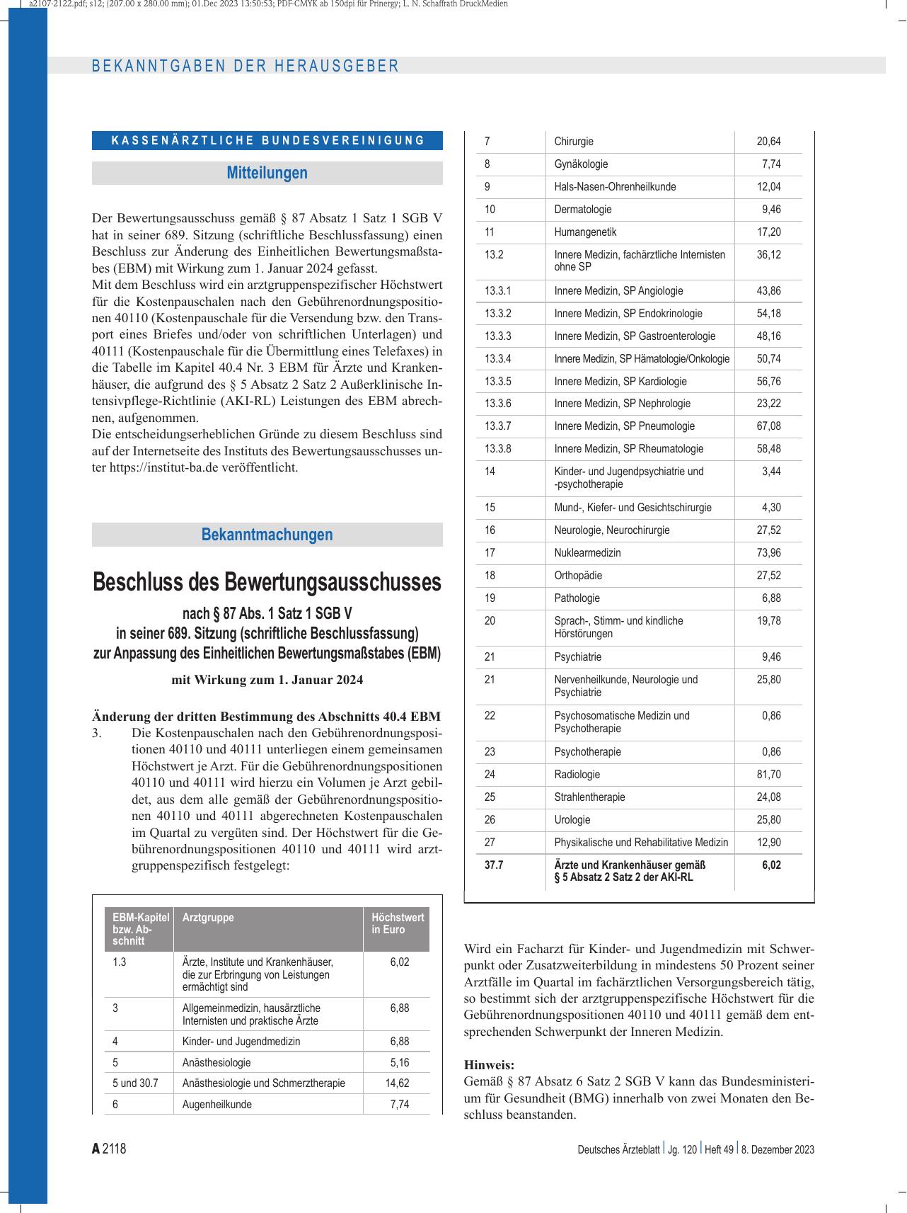 Vorschauseite 1: Beschluss des Bewertungsausschusses nach § 87 Abs. 1 Satz 1 SGB V in seiner 689. Sitzung (schriftliche Beschlussfassung) zur Anpassung des Einheitlichen Bewertungsmaßstabes (EBM)