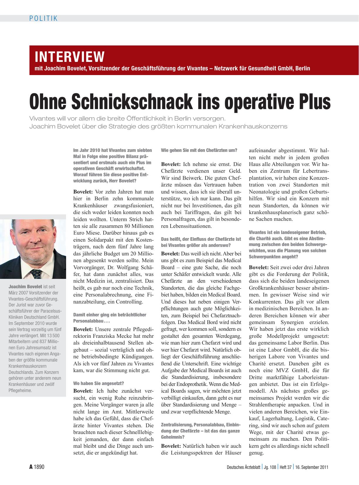 Vorschauseite 1: Interview mit Joachim Bovelet, Vorsitzender der Geschäftsführung der Vivantes – Netzwerk für Gesundheit GmbH, Berlin: Ohne Schnickschnack ins operative Plus