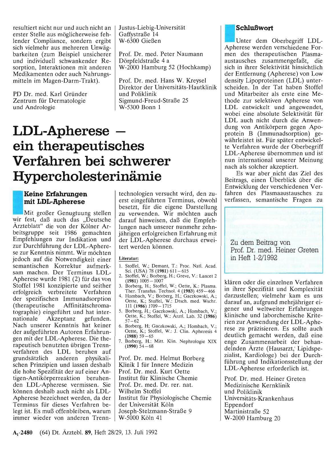 Vorschauseite 1: LDL-Apherese - ein therapeutisches Verfahren bei schwerer Hypercholesterinämie: Keine Erfahrungen mit LDL-Apherese
