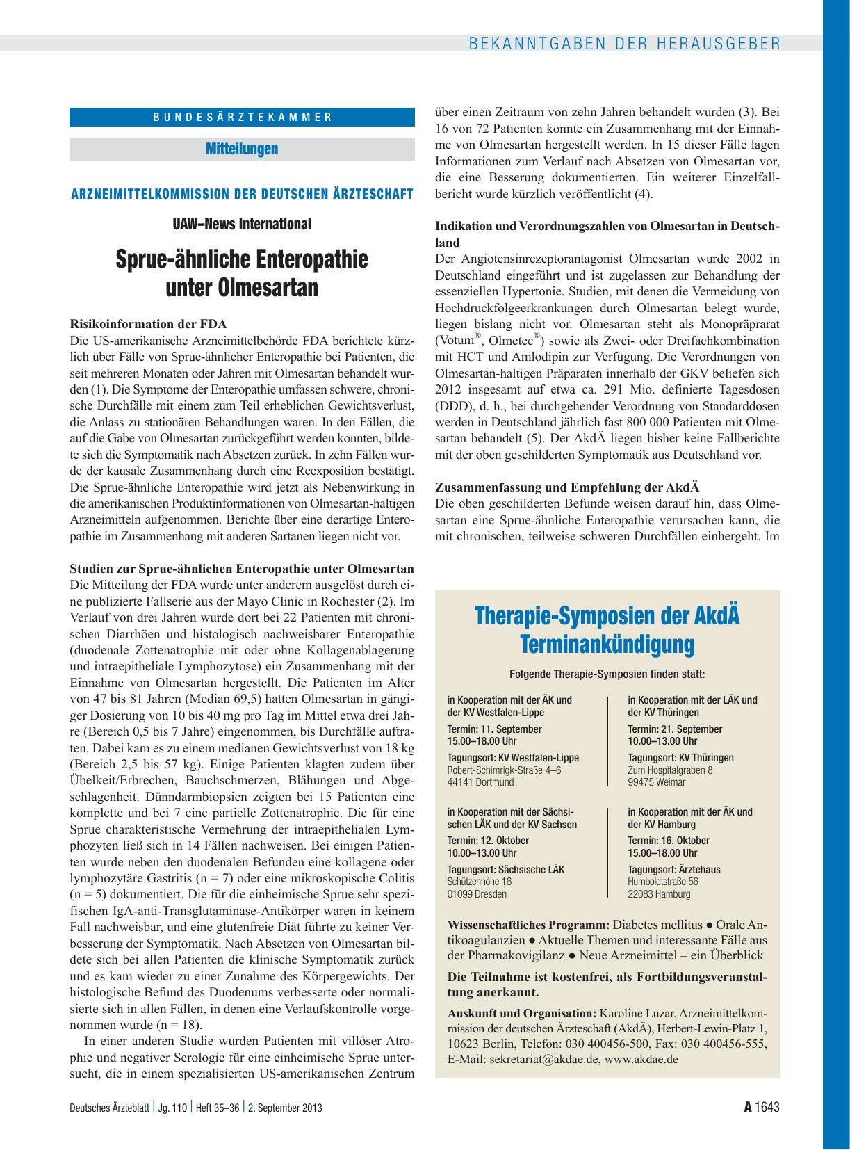 Vorschauseite 1: Arzneimittelkommission der Deutschen Ärzteschaft – UAW – News International: Sprue-ähnliche Enteropathie unter Olmesartan
