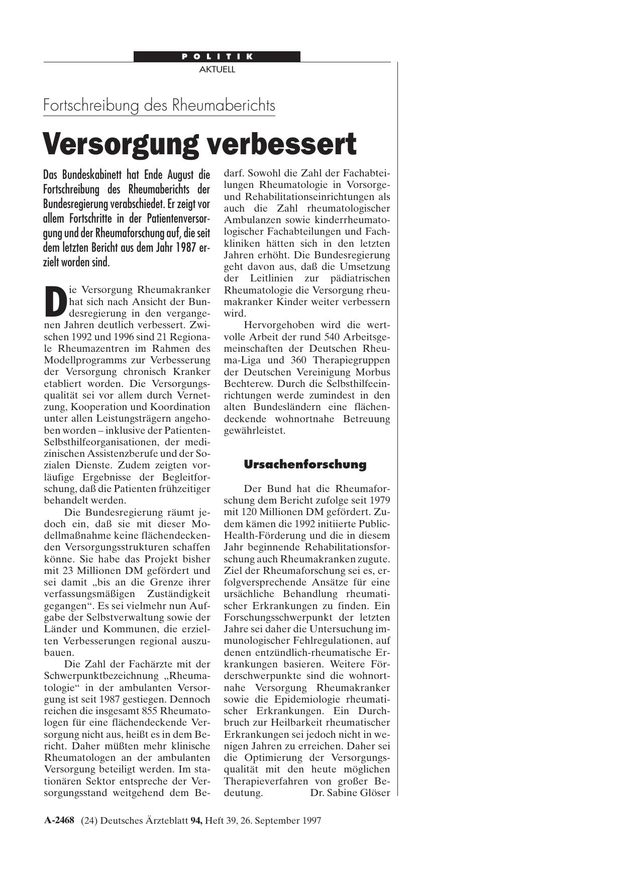 Vorschauseite 1: Fortschreibung des Rheumaberichts: Versorgung verbessert