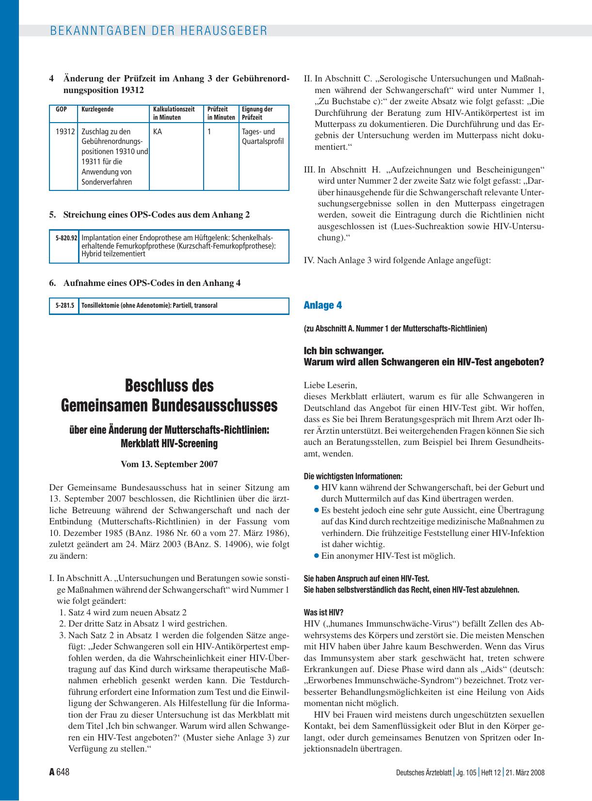 Vorschauseite 1: Beschluss des Gemeinsamen Bundesausschusses über eine Änderung der Mutterschafts-Richtlinien: Merkblatt HIV-Screening vom 13. September 2007