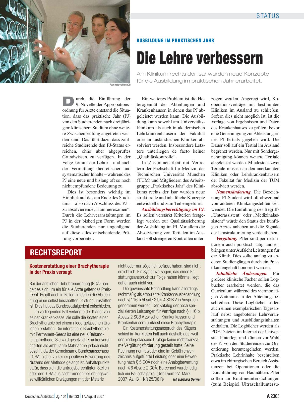 Vorschauseite 1: Kostenerstattung einer Brachytherapie in der Praxis versagt