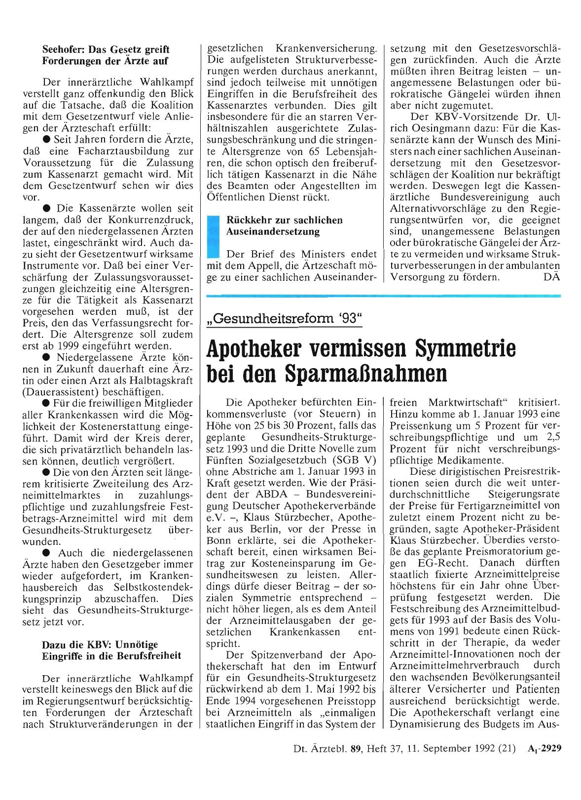 Vorschauseite 1: „Gesundheitsreform '93“: Apotheker vermissen Symmetrie bei den Sparmaßnahmen