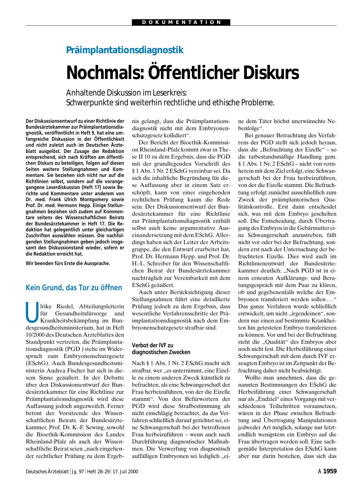 Vorschauseite 1: Präimplantationsdiagnostik - Nochmals: Öffentlicher Diskurs