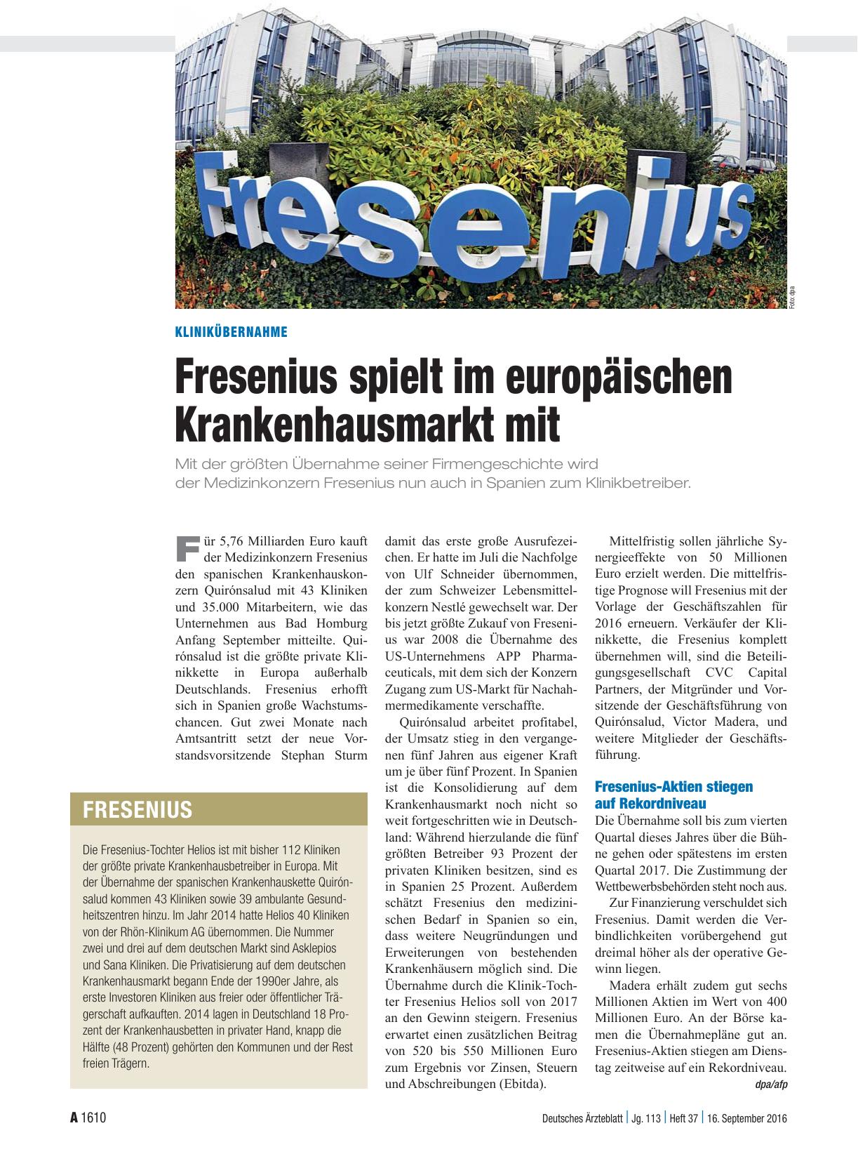 Vorschauseite 1: Klinikübernahme: Fresenius spielt im europäischen Krankenhausmarkt mit