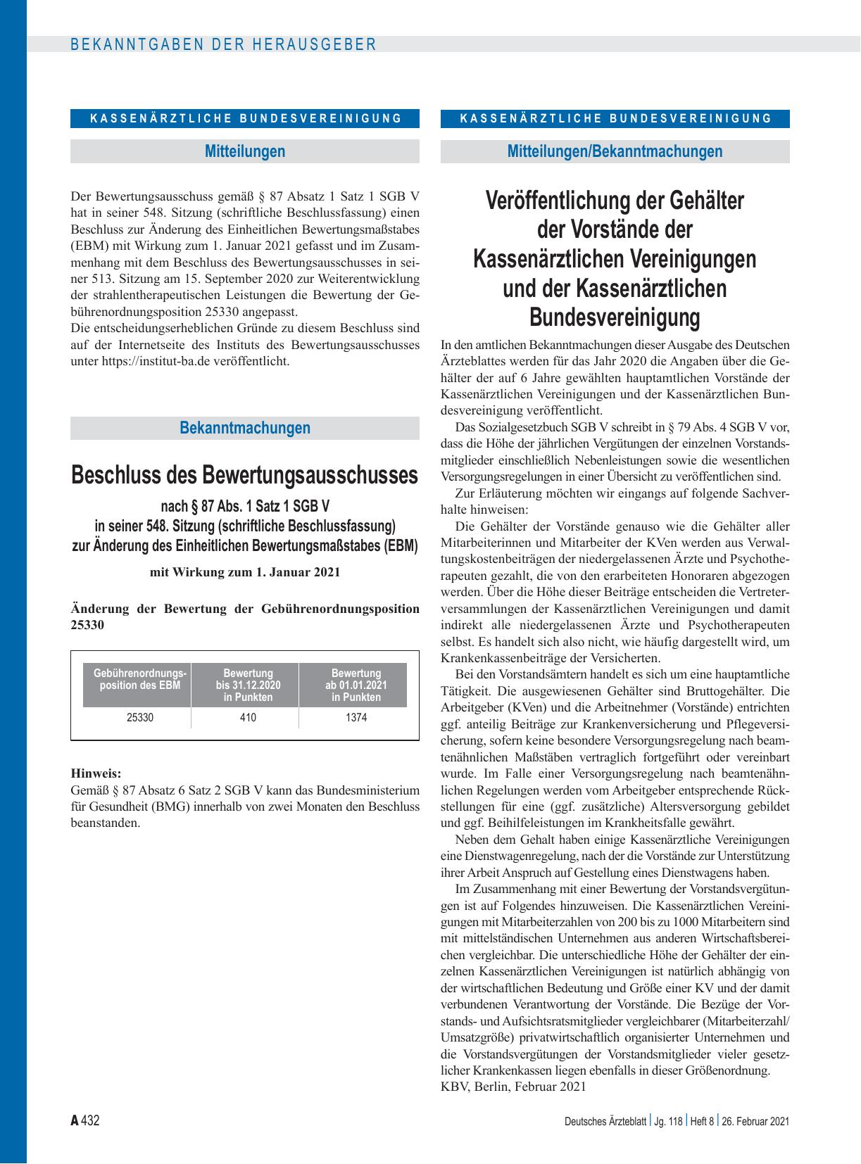 Vorschauseite 1: Beschluss des Bewertungsausschusses nach § 87 Abs. 1 Satz 1 SGB V in seiner 548. Sitzung (schriftliche Beschlussfassung) zur Änderung des Einheitlichen Bewertungsmaßstabes (EBM)