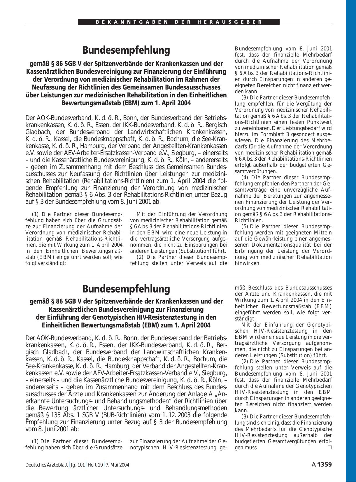 Vorschauseite 1: Bundesempfehlung gemäß § 86 SGB V der Spitzenverbände der Krankenkassen und der Kassenärztlichen Bundesvereinigung zur Finanzierung der Einführung der Genotypischen HIV-Resistenzt…