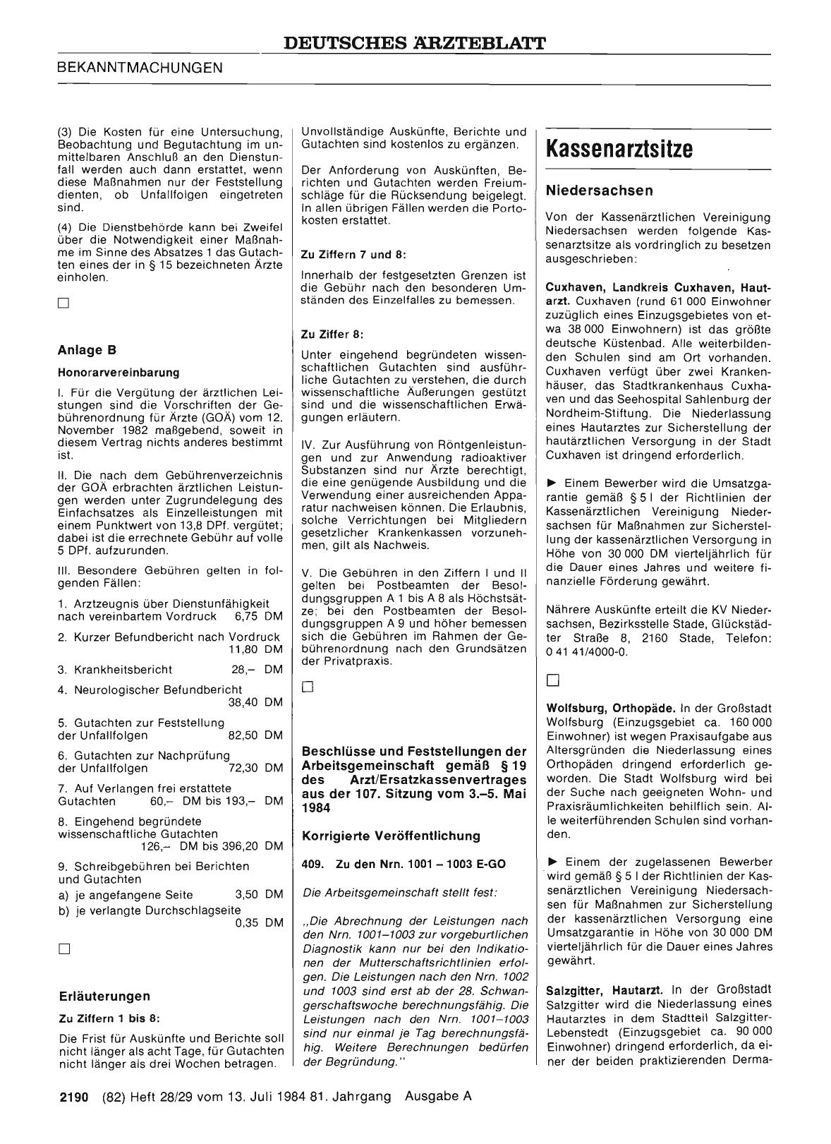Vorschauseite 1: Beschlüsse und Feststellungen der Arbeitsgemeinschaft gemäß § 19 des Arzt/Ersatzkassenvertrages aus der 107. Sitzung vom 3. -5. Mai 1984